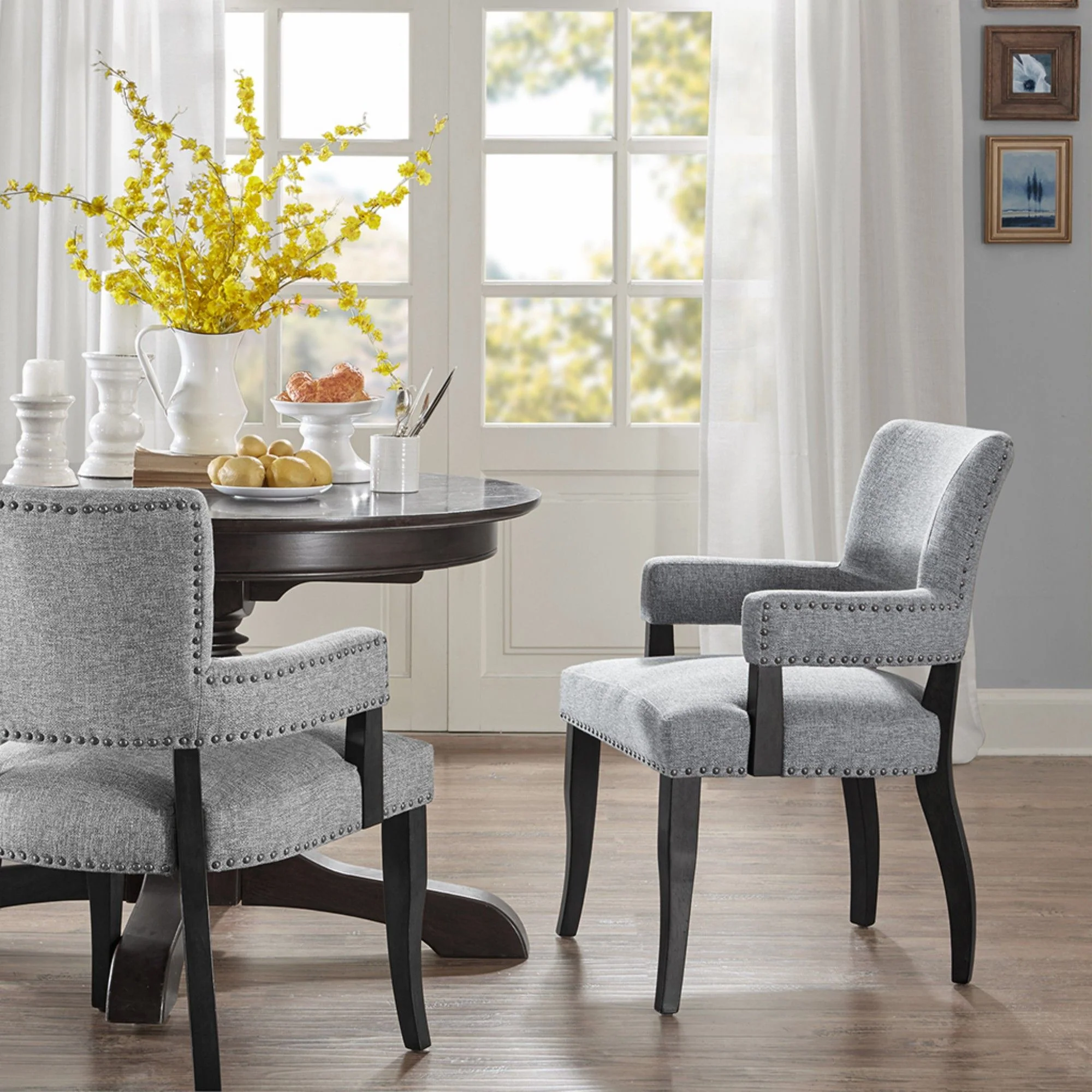 Elegant Arm Dining Chair With Brass Nail Head Detailing - Image 6