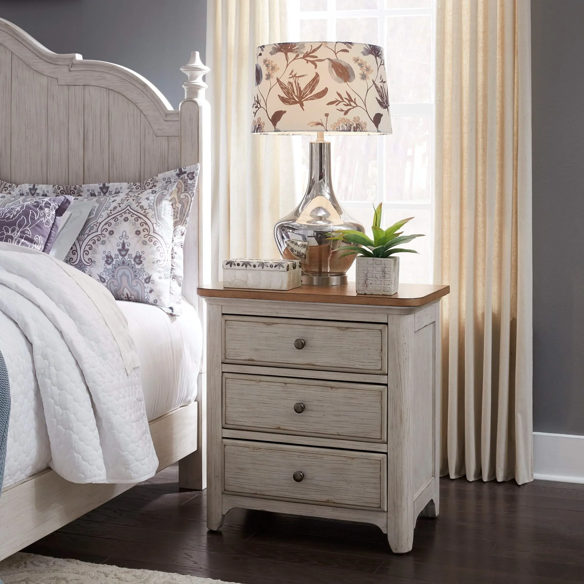 Farmhouse Reimagined - 3 Drawer Nightstand With Charging Station - Antique White / Chestnut Tops - Image 2