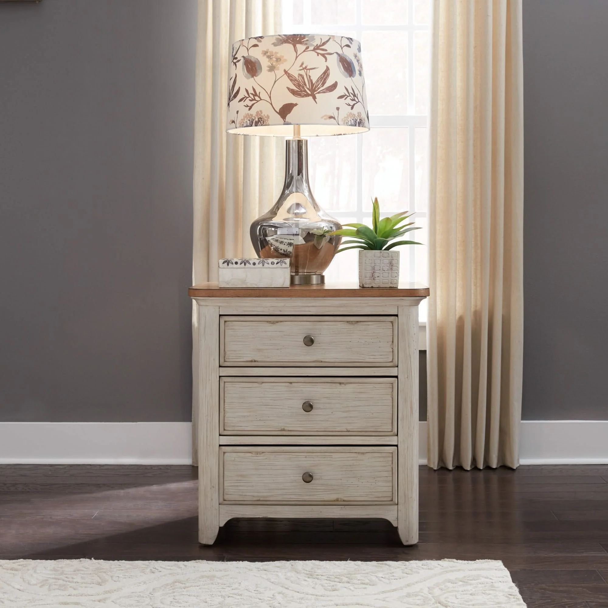 Farmhouse Reimagined - 3 Drawer Nightstand With Charging Station - Antique White / Chestnut Tops - Image 3