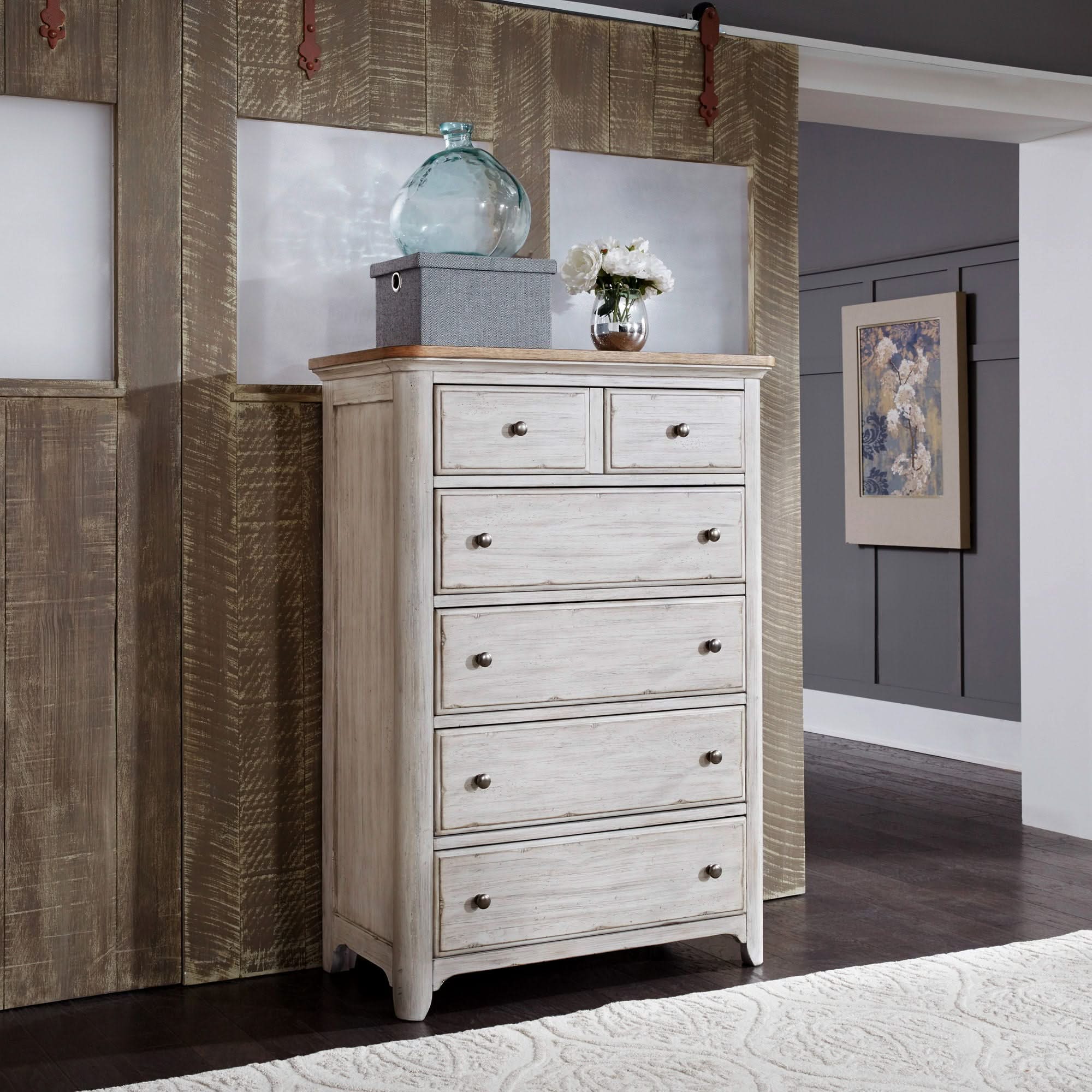 Farmhouse Reimagined - 5 Drawer Chest - Antique White / Chestnut Tops - Image 2