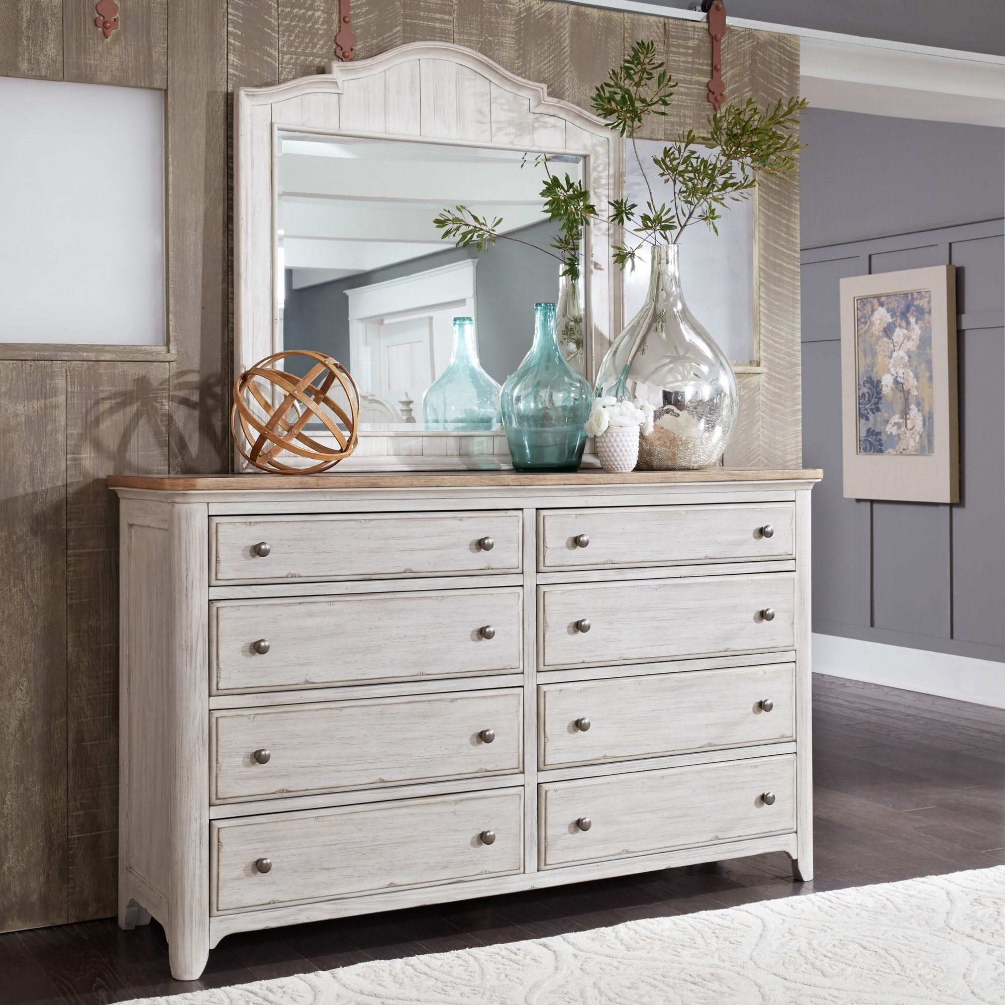 Farmhouse Reimagined - Dresser & Mirror - Antique White / Chestnut Tops - Image 4