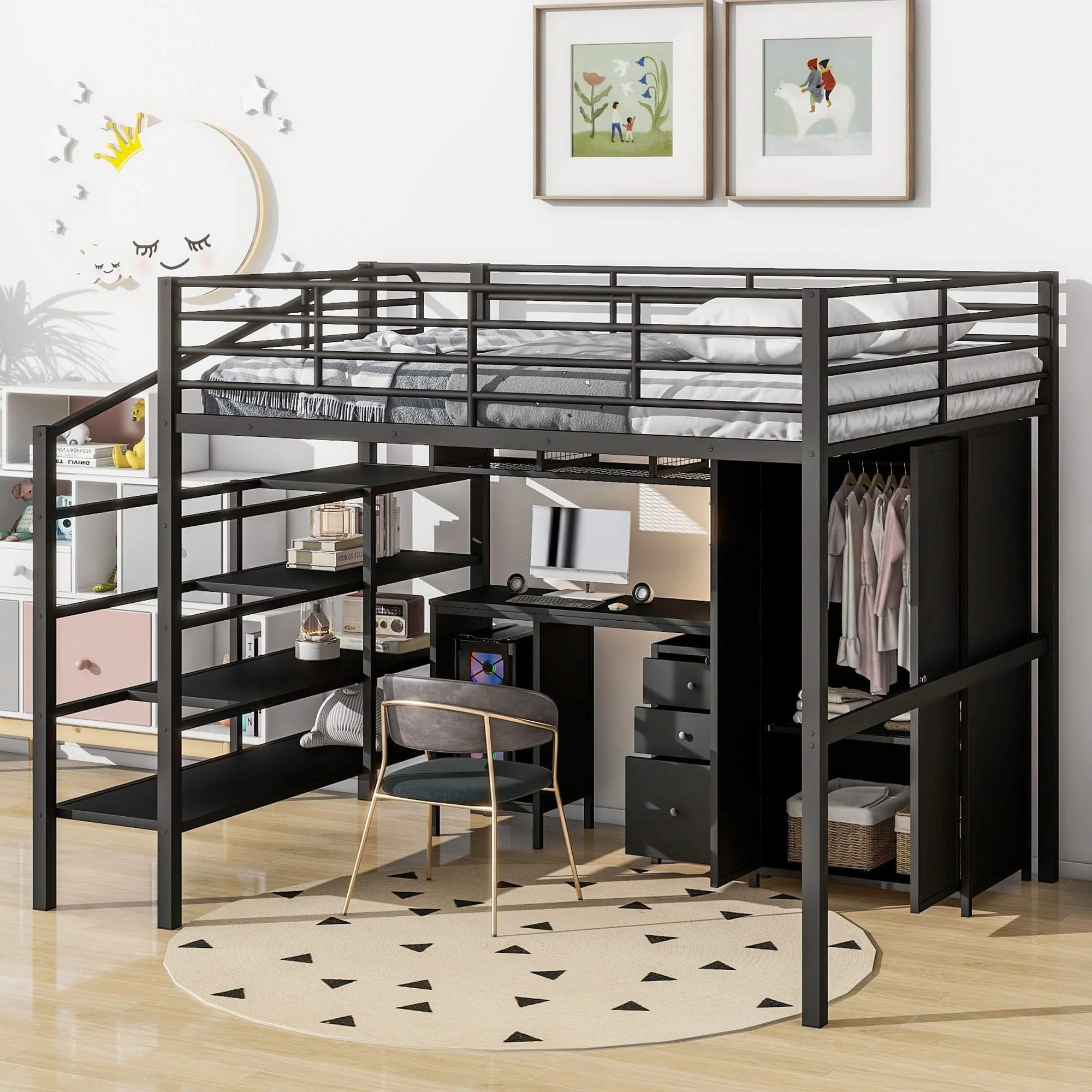 Full Size Loft Bed With Desk Set And Wardrobe - Black - Image 2