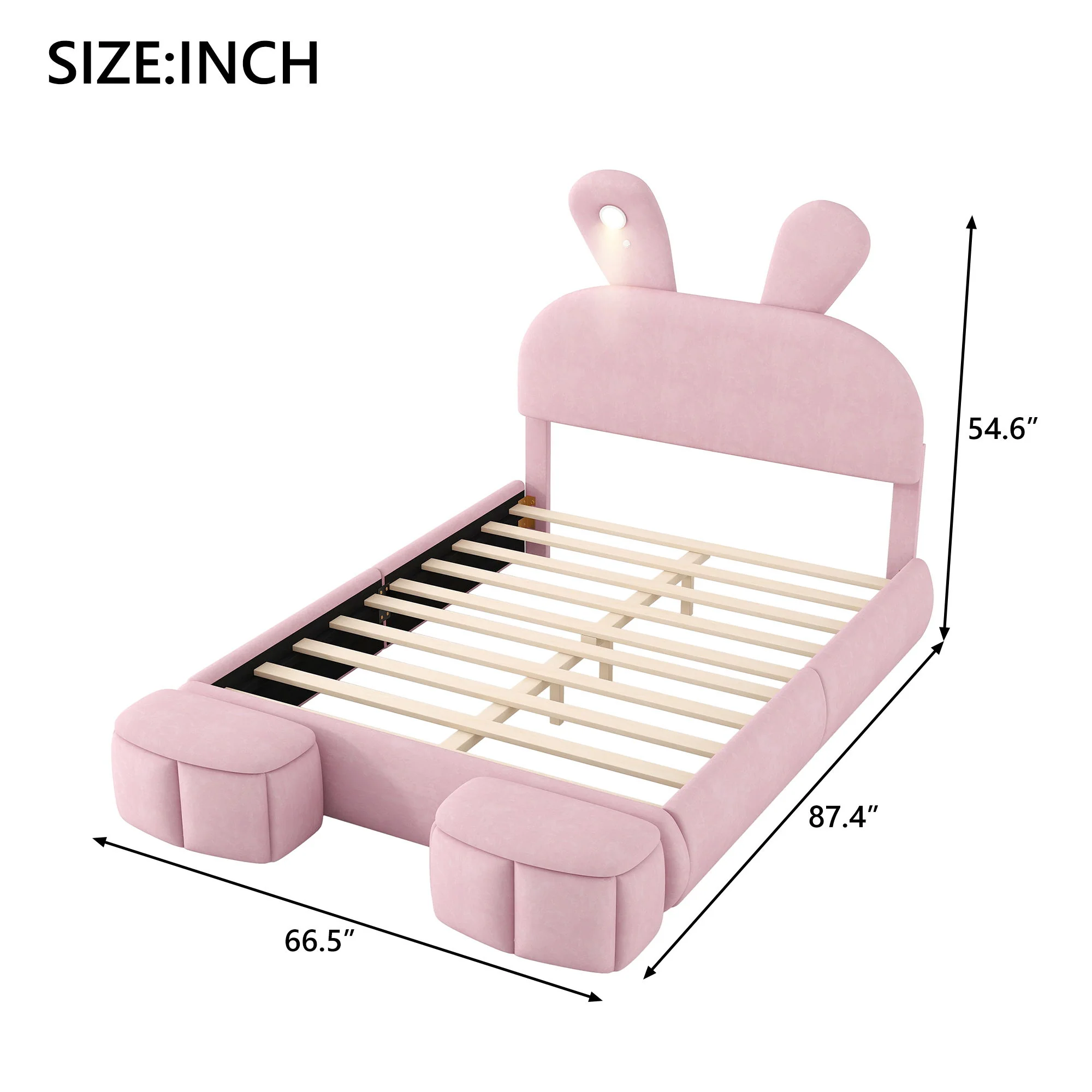 Full Upholstered Platform Bed With Cartoon Ears Headboard And LED Light - Pink - Image 3