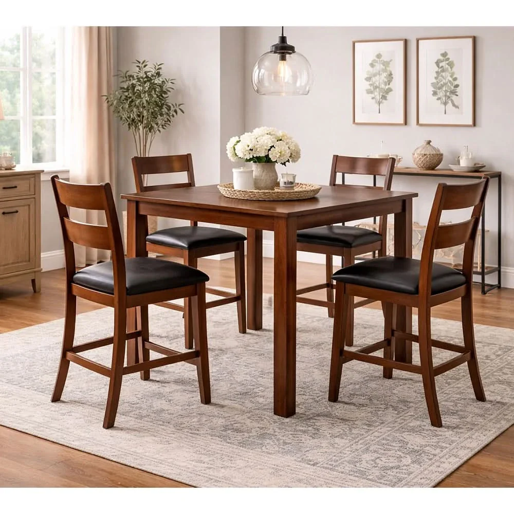 Gunner Brown 5-Piece Counter Height Dining Set with Wood Finish and Cushioned Seats