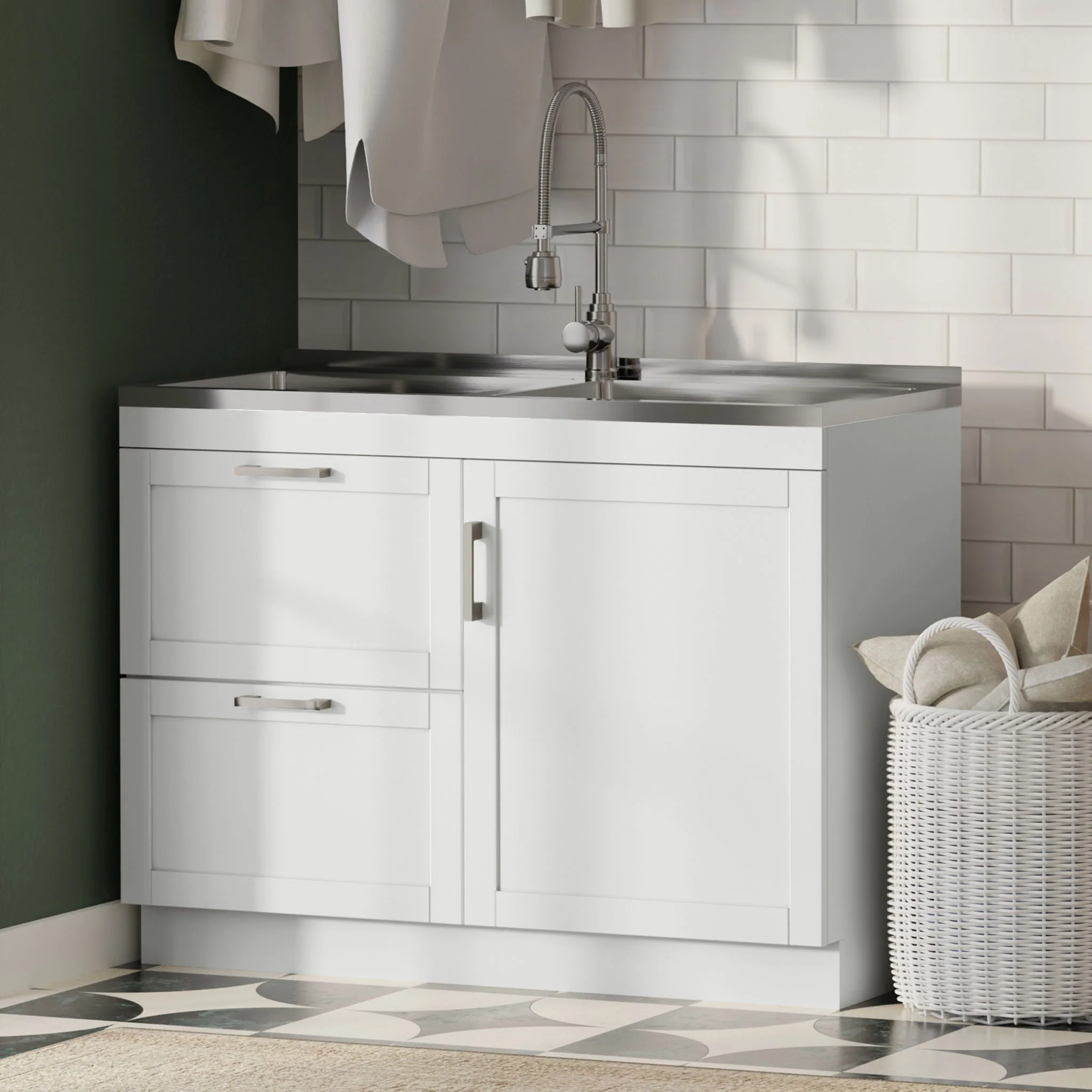 Hennessy - Laundry Utility Sink And Cabinet With Dual Sink And Pull Out Faucet - White - Image 2