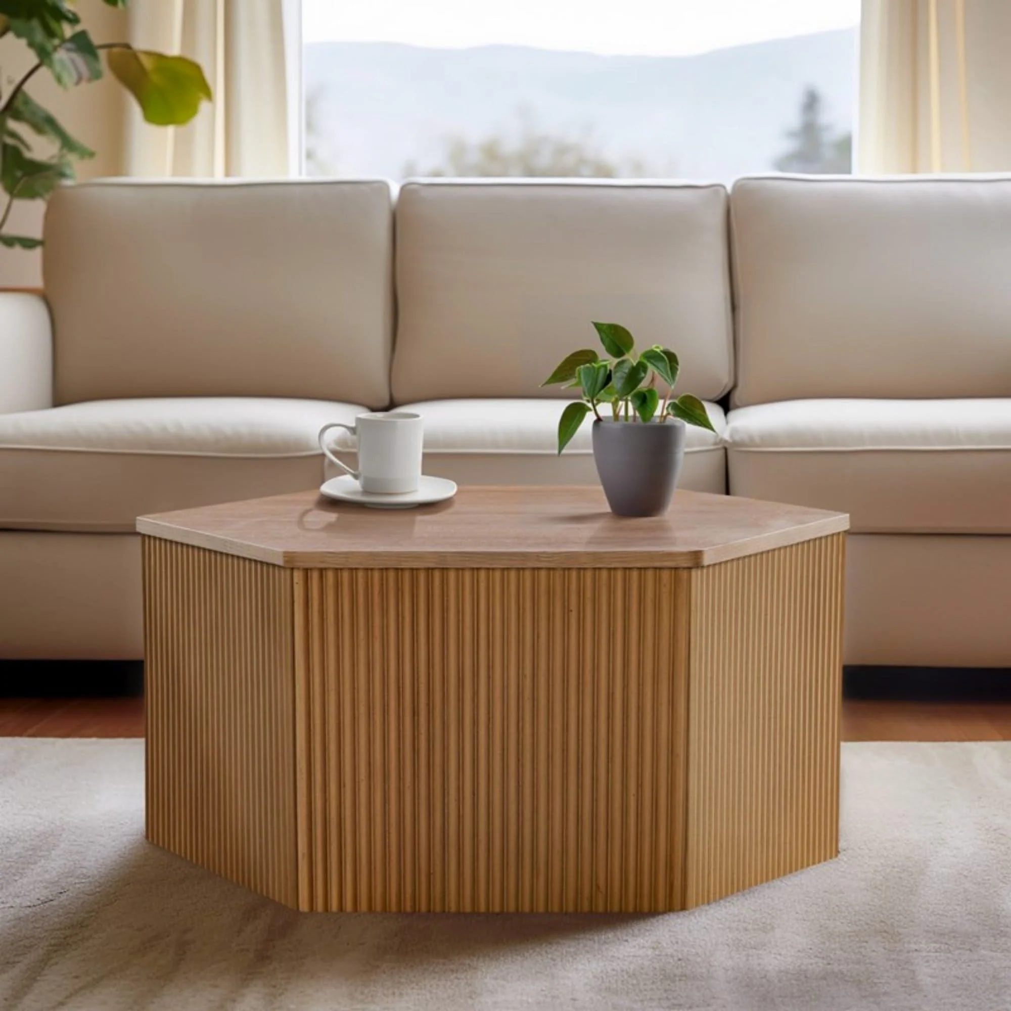Hexagon Coffee Table With Fluted Design - Natural - Image 4
