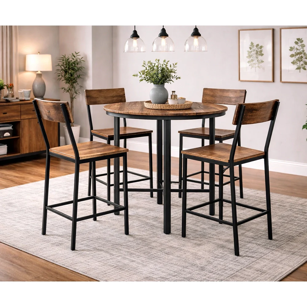 Ironvale Rustic Black 5-Piece Counter Height Dining Set with Wood Top and Metal Frame - Image 2