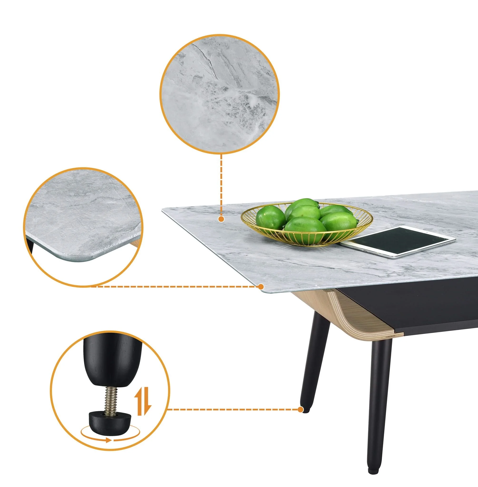 Landon - Coffee Table With Glass Marble Texture Top And Bent Wood Design - Image 11