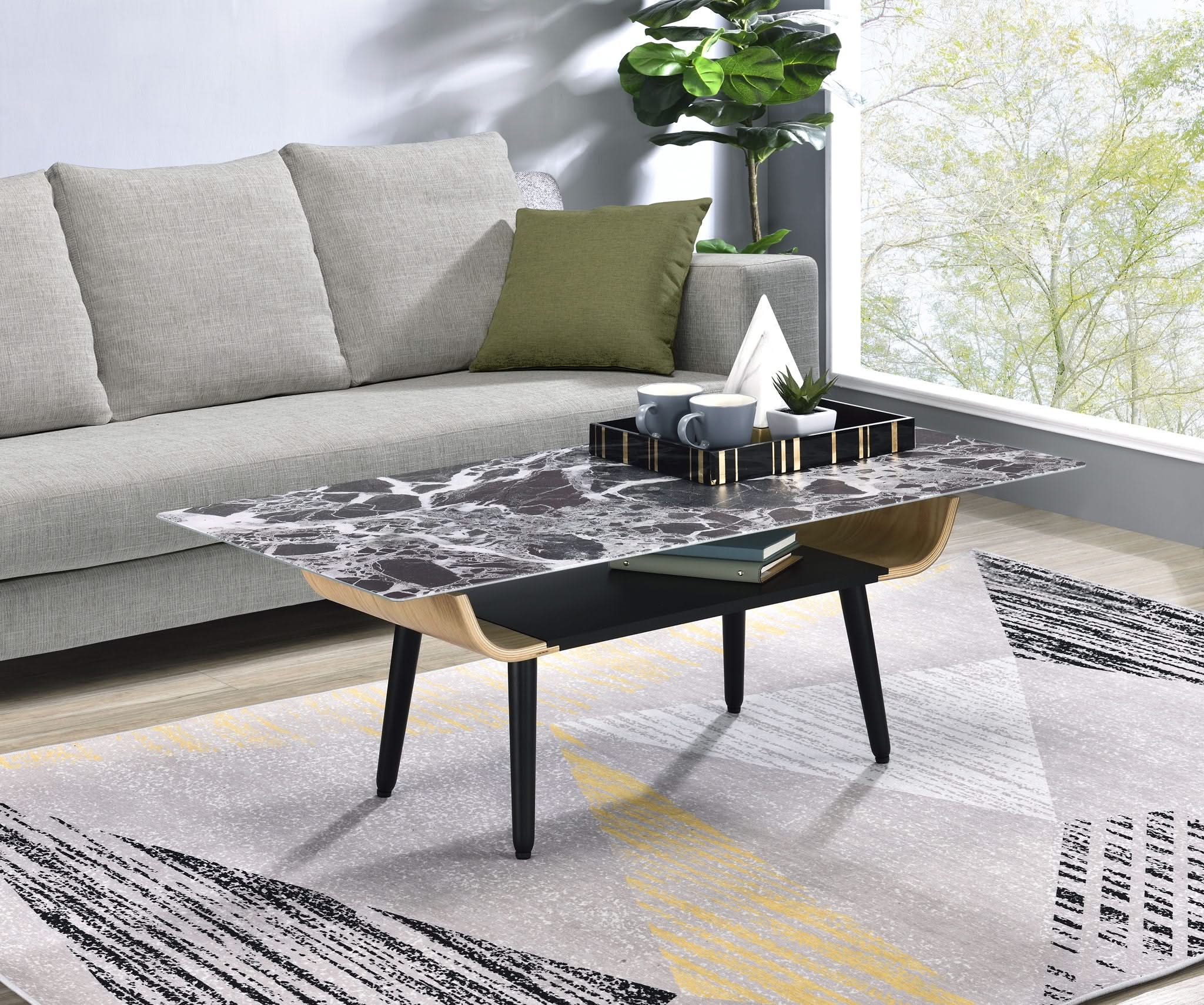 Landon - Coffee Table With Glass Marble Texture Top And Bent Wood Design - Image 2