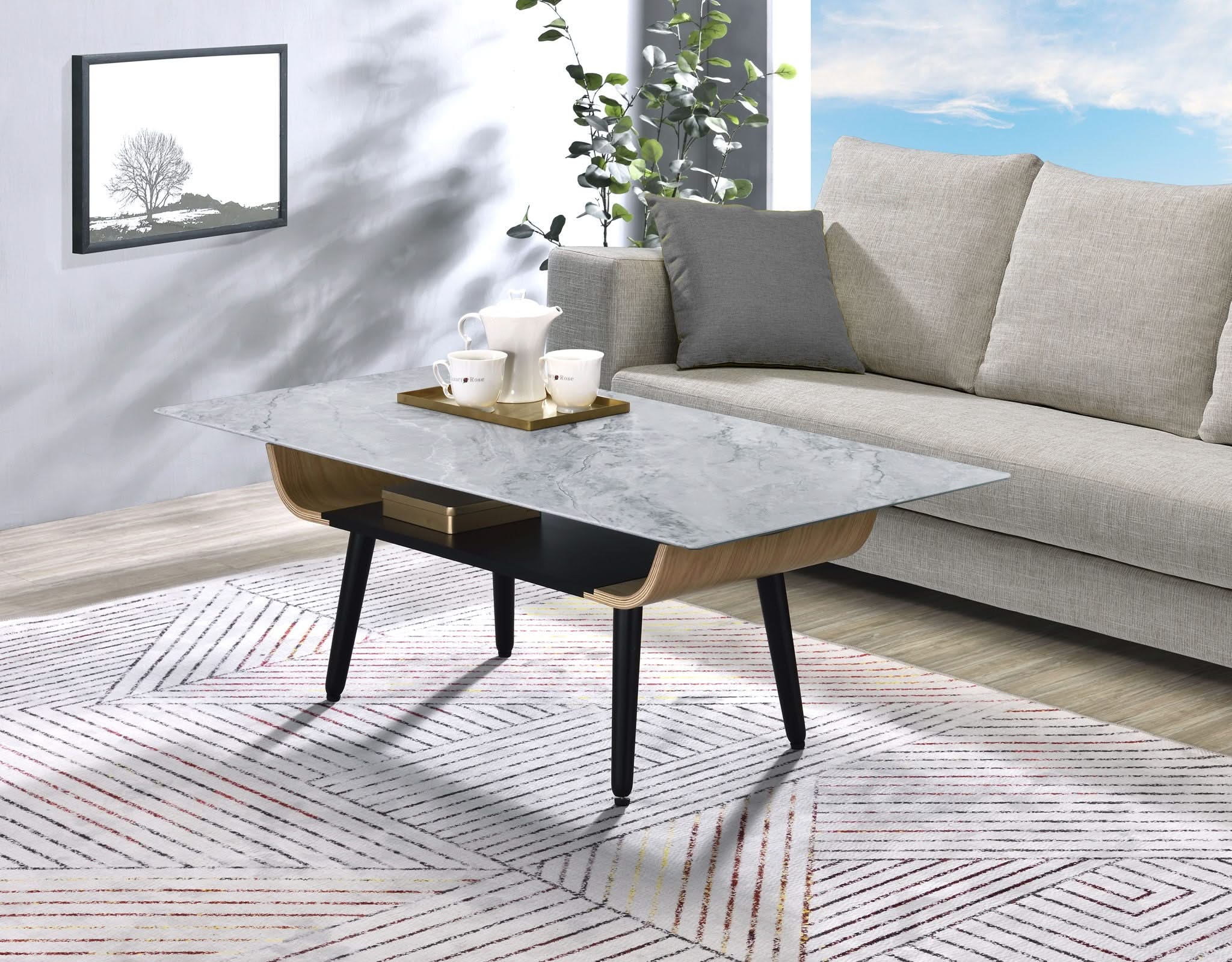 Landon - Coffee Table With Glass Marble Texture Top And Bent Wood Design - Image 3