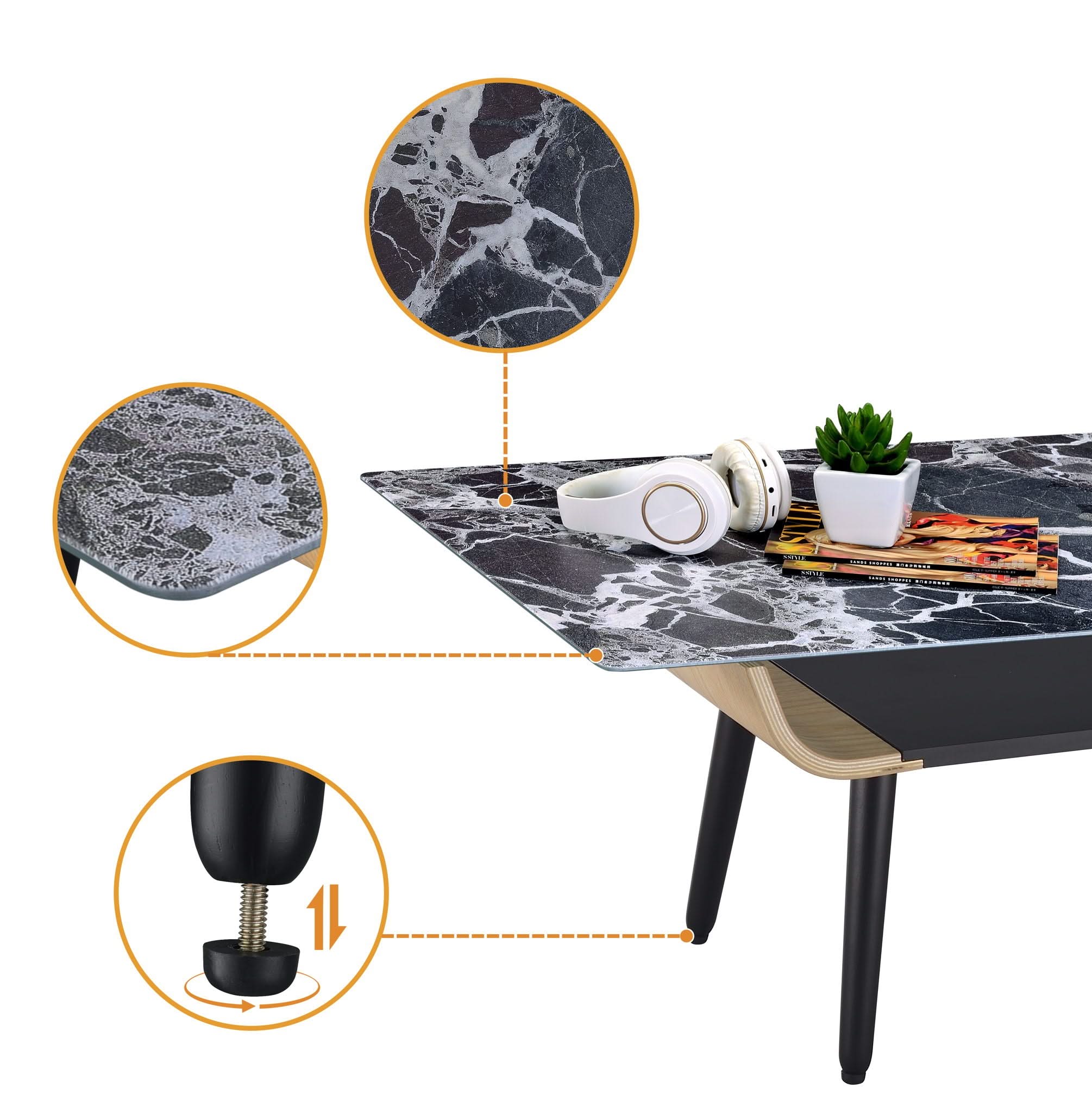 Landon - Coffee Table With Glass Marble Texture Top And Bent Wood Design - Image 5