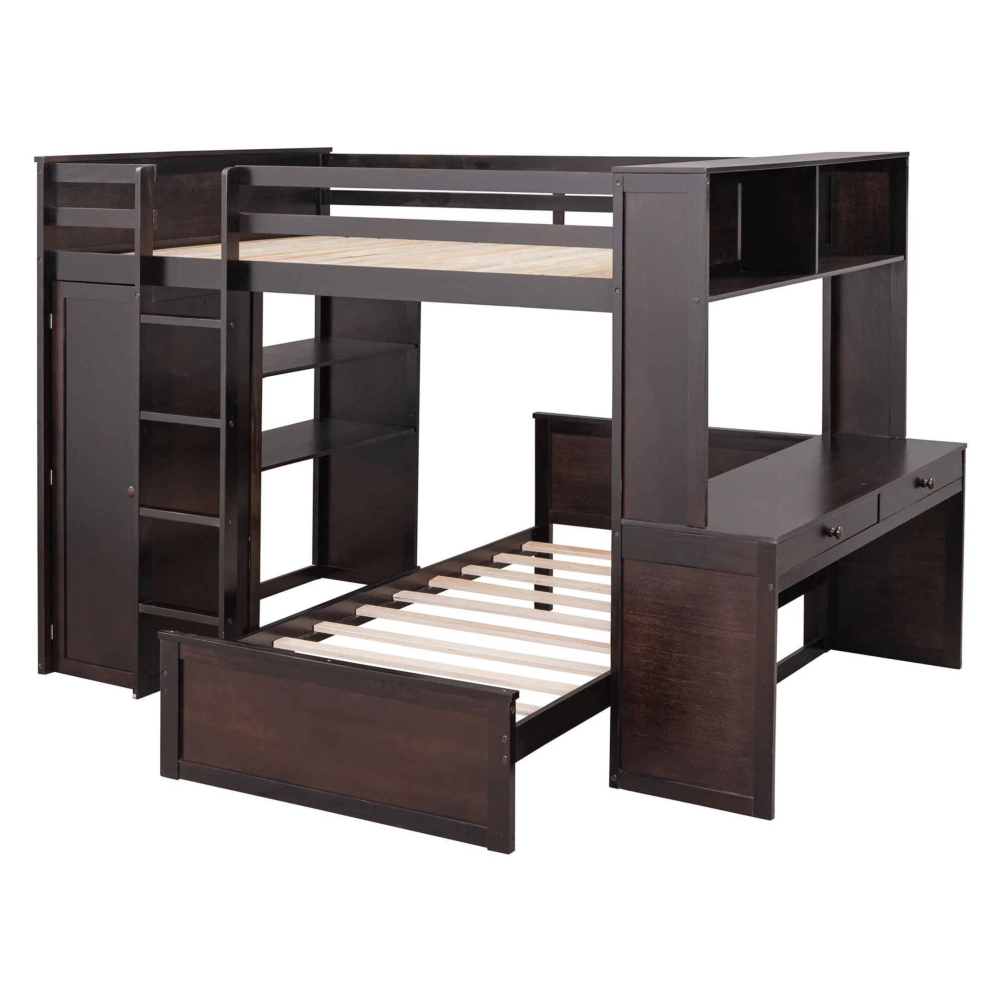 Loft Bed With A Twin Size Standalone Bed, Shelves, Desk, And Wardrobe - Image 3