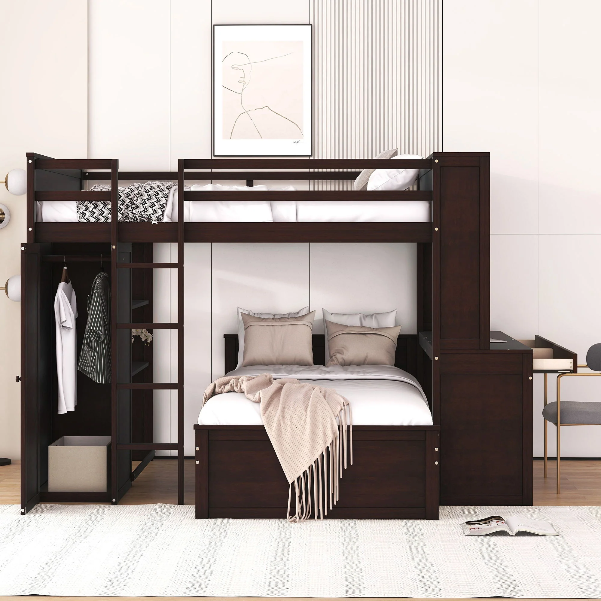 Loft Bed With A Twin Size Standalone Bed, Shelves, Desk, And Wardrobe - Image 4
