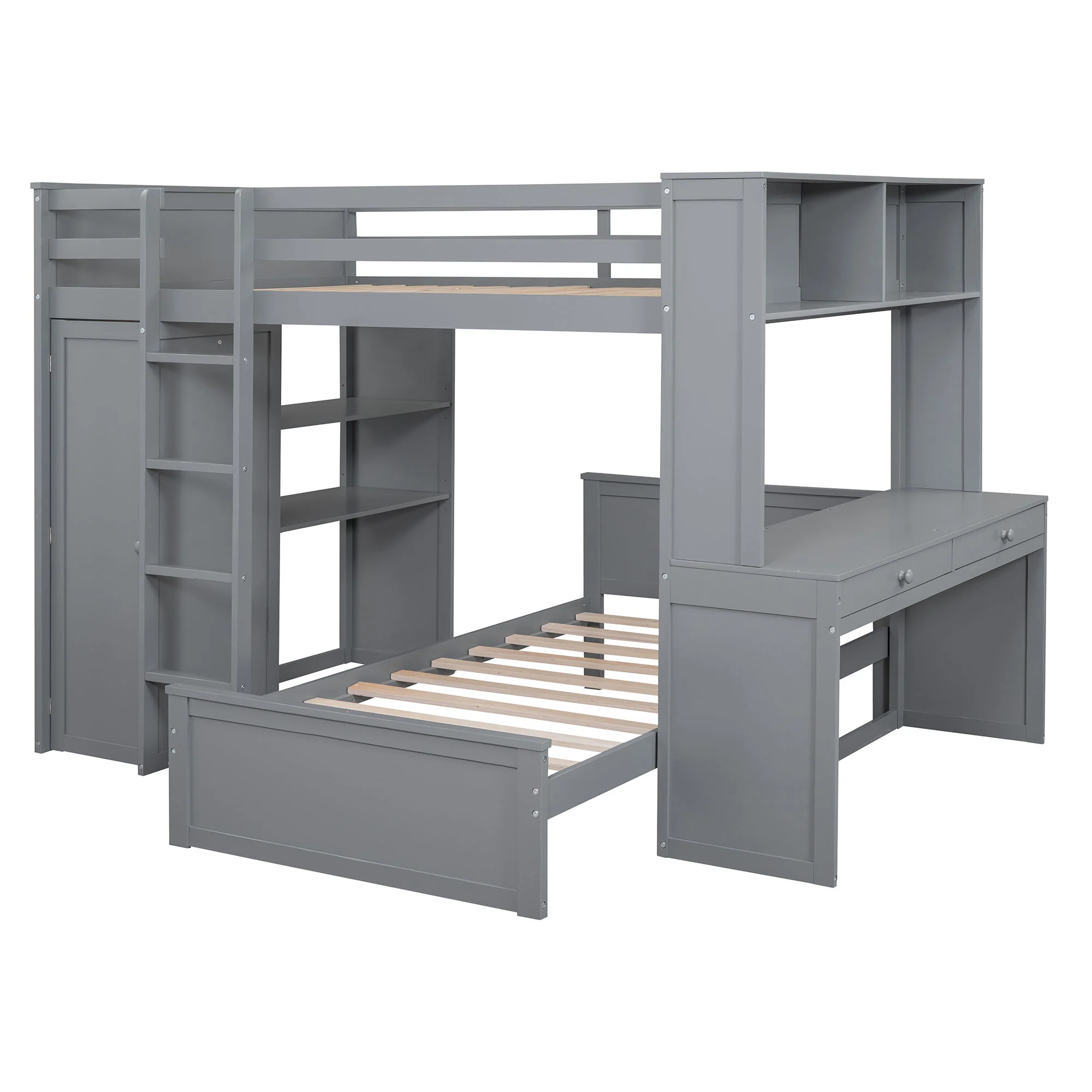 Loft Bed With A Twin Size Standalone Bed, Shelves, Desk, And Wardrobe - Image 7