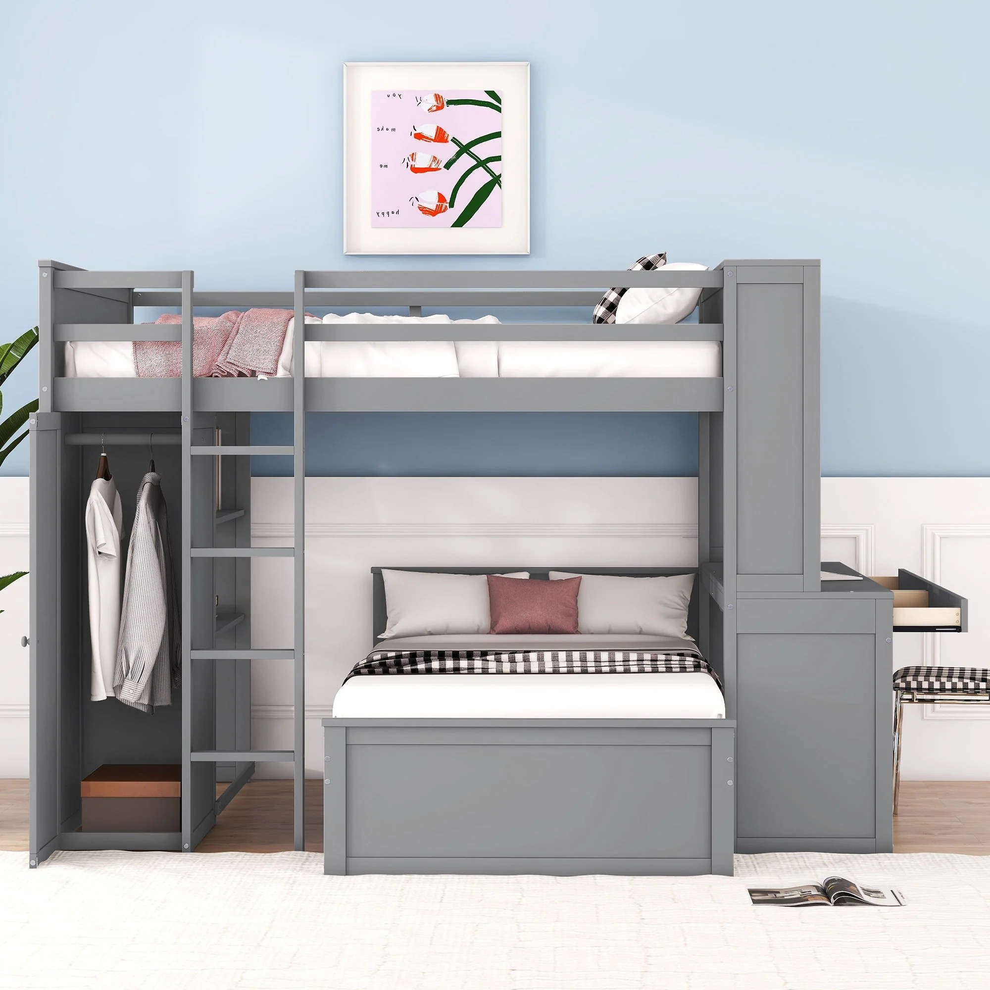 Loft Bed With A Twin Size Standalone Bed, Shelves, Desk, And Wardrobe - Image 8
