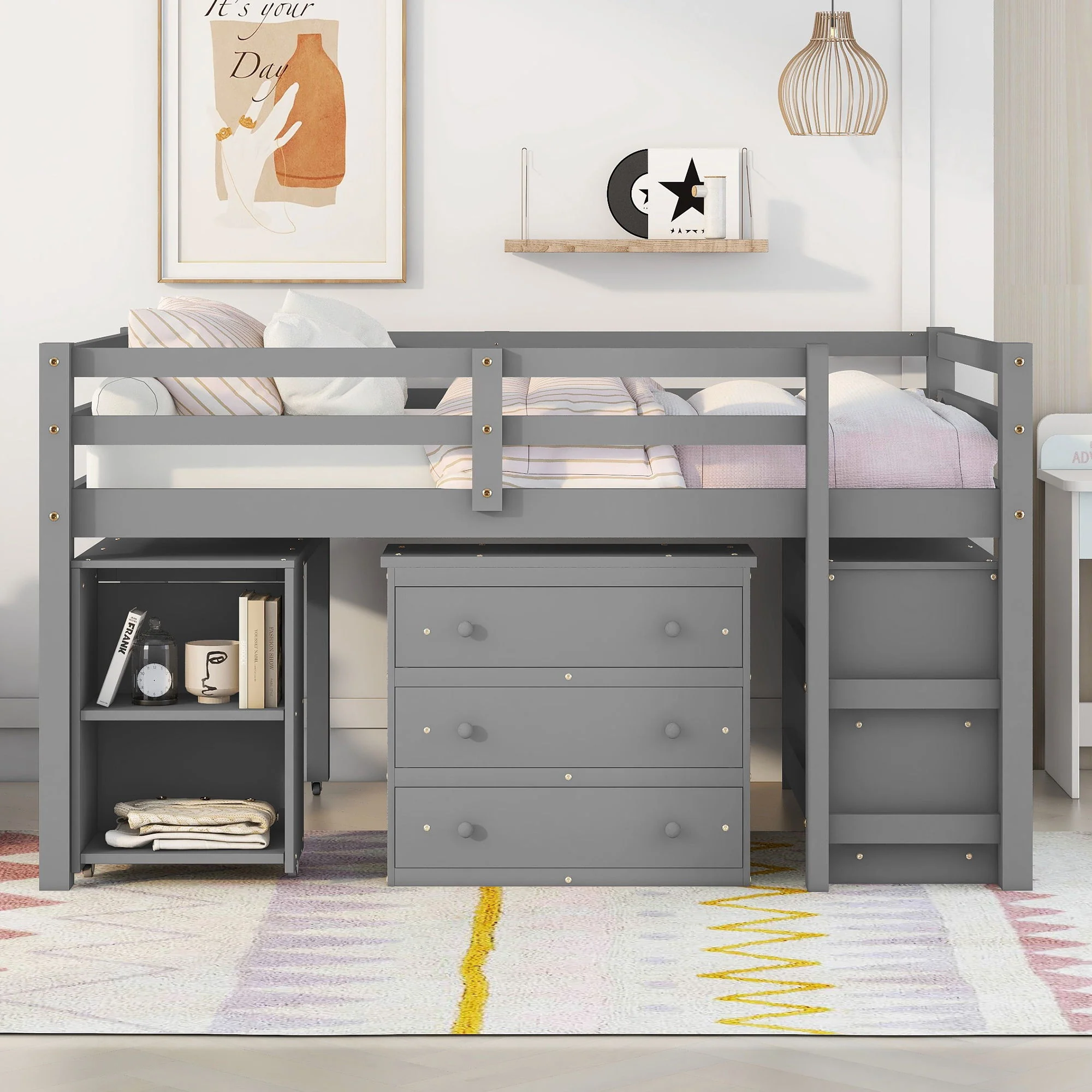 Loft Low Study Bed With Cabinet, Shelves And Rolling Portable Desk, Multiple Functions - Image 3