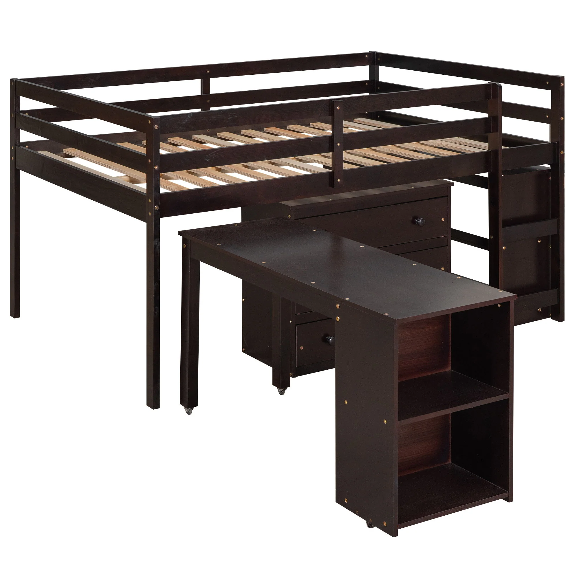 Loft Low Study Bed With Cabinet, Shelves And Rolling Portable Desk, Multiple Functions - Image 4