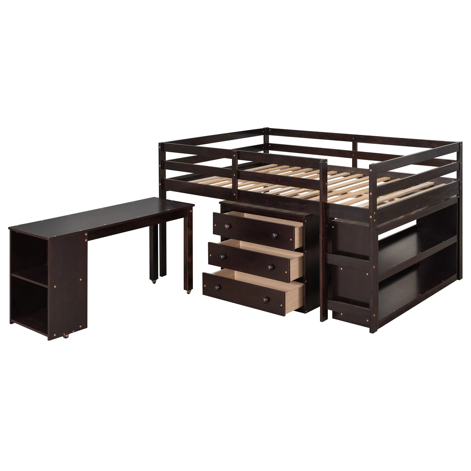Loft Low Study Bed With Cabinet, Shelves And Rolling Portable Desk, Multiple Functions - Image 5