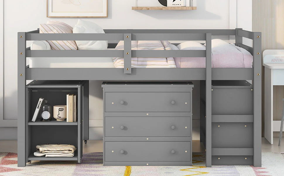 Loft Low Study Bed With Cabinet, Shelves And Rolling Portable Desk, Multiple Functions - Image 7