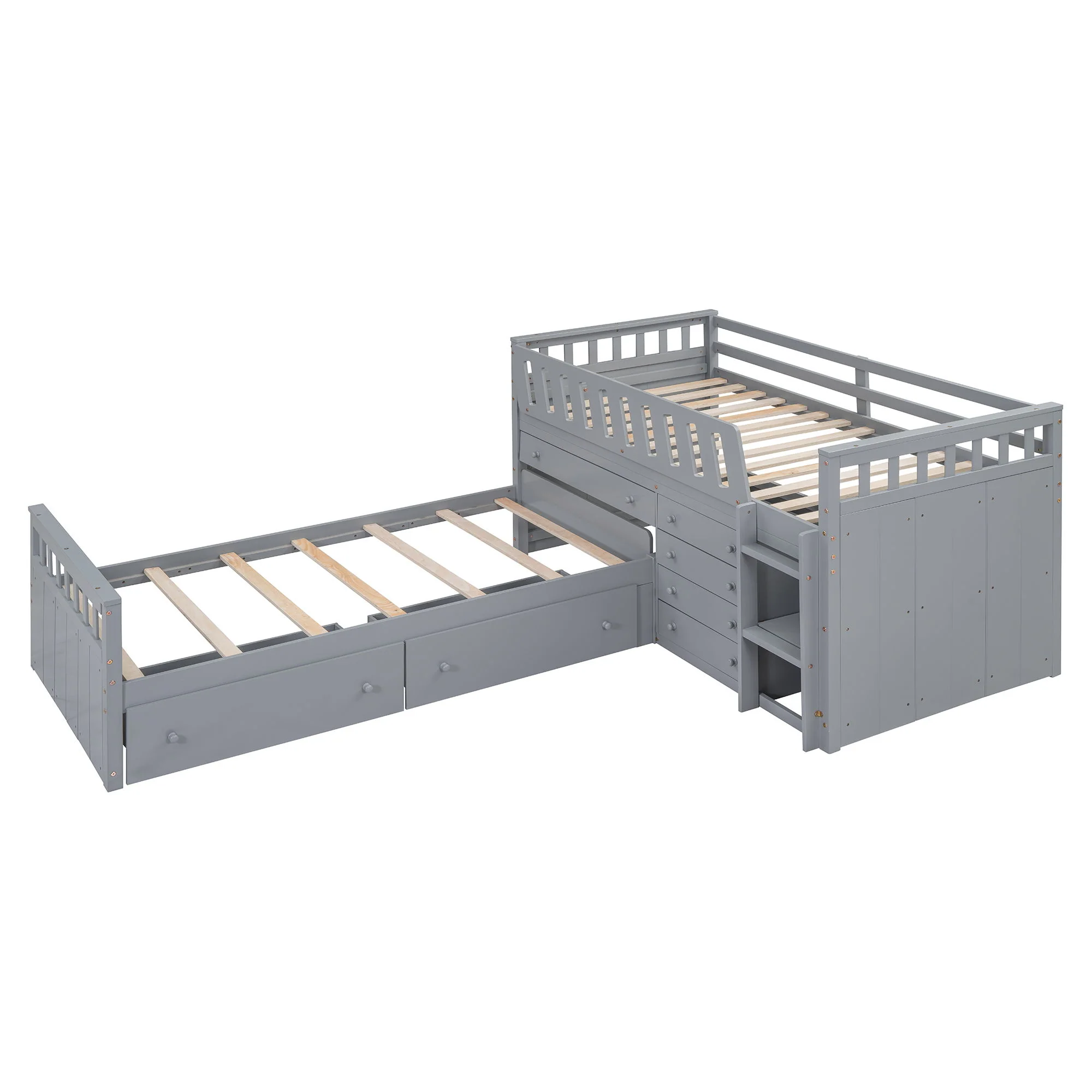 Loft Platform Bed With 7 Drawers And Full Guardrails, Modern L Shaped Space Savin