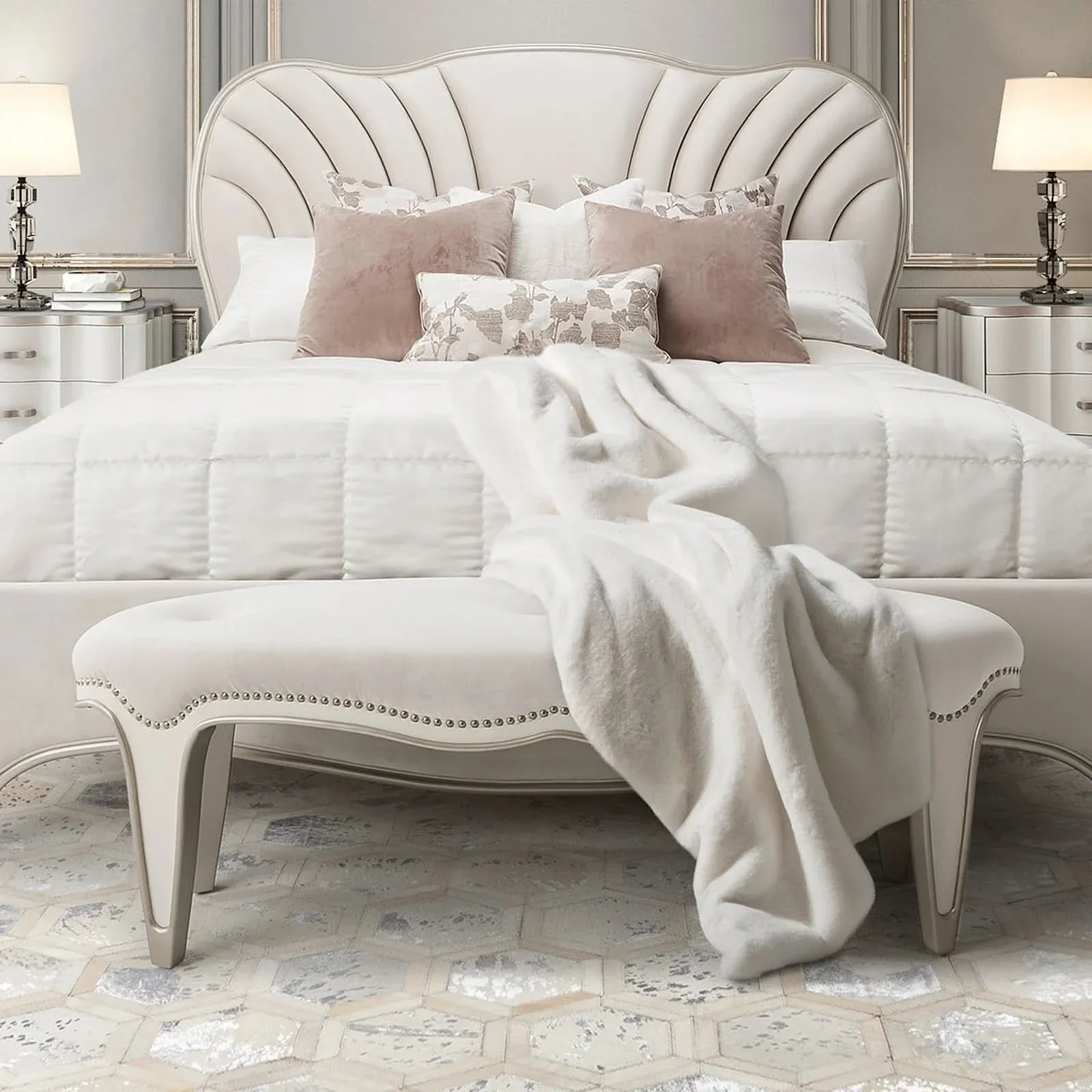 London Place Pearl Cream Modern Glam Bed Bench with Velvet Tufted Seat - Image 4