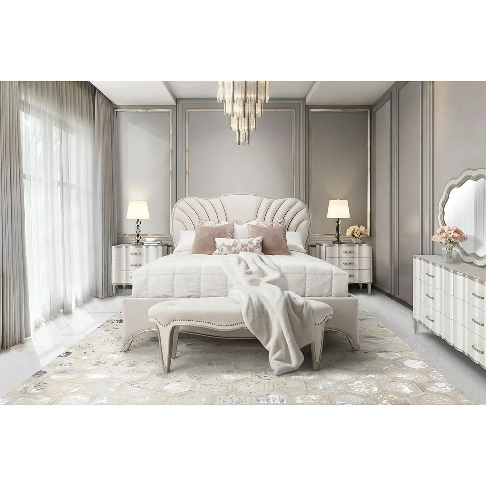 London Place Pearl Cream Modern Glam Bed Bench with Velvet Tufted Seat - Image 5