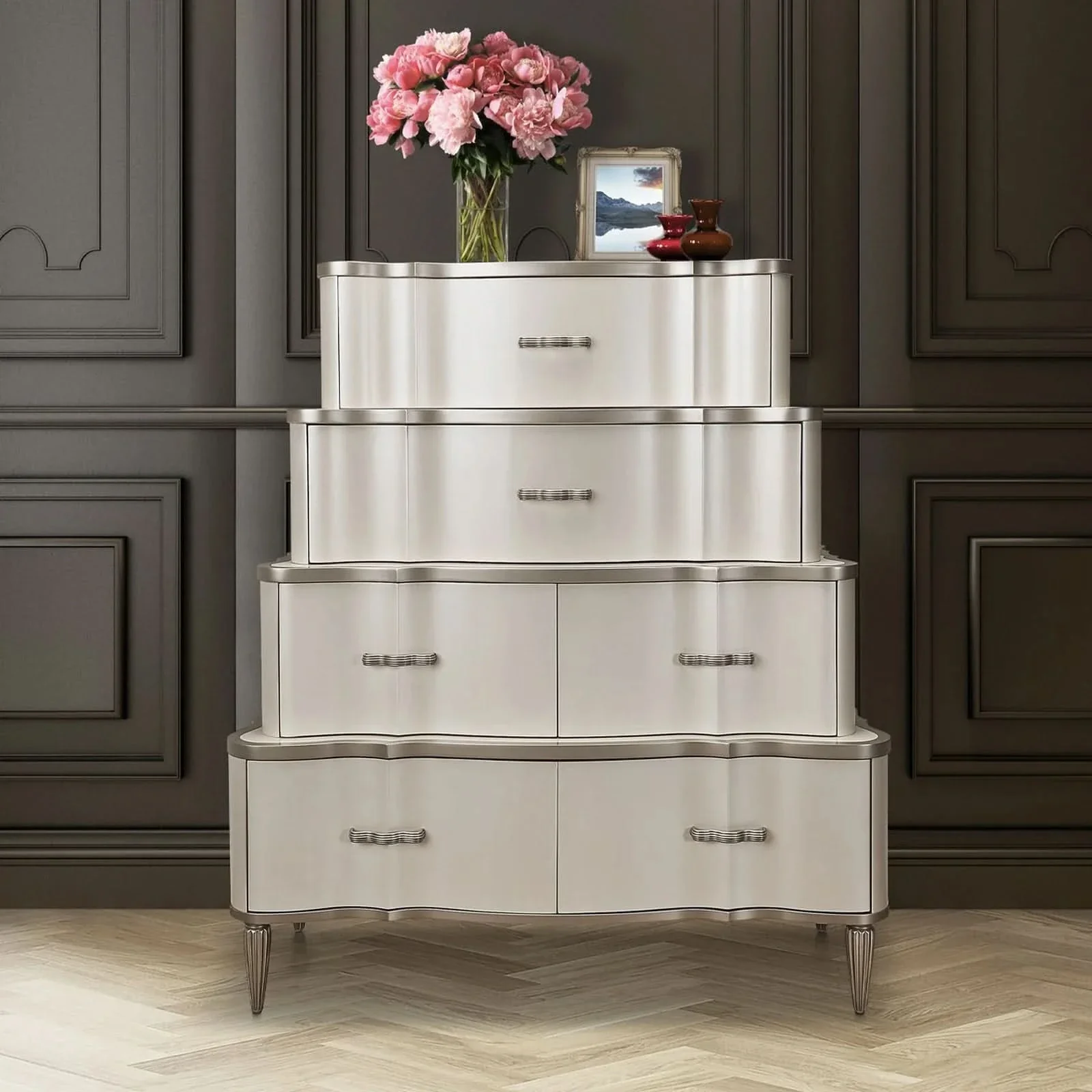 London Place Pearl Cream Modern Glam Tiered 6 Drawer Storage Chest - Image 2
