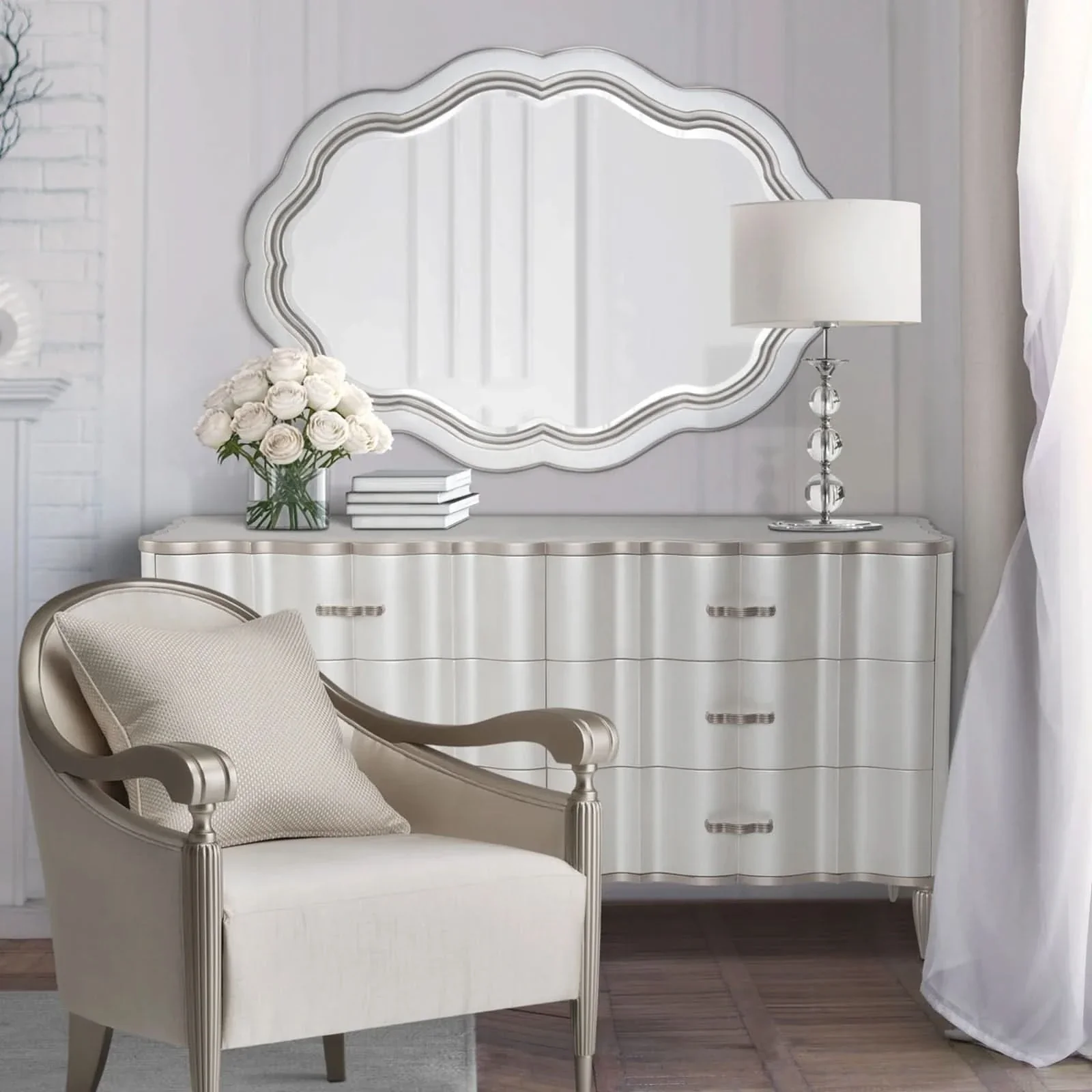London Place Pearl Cream Modern Glam Wall Mirror - Image 3