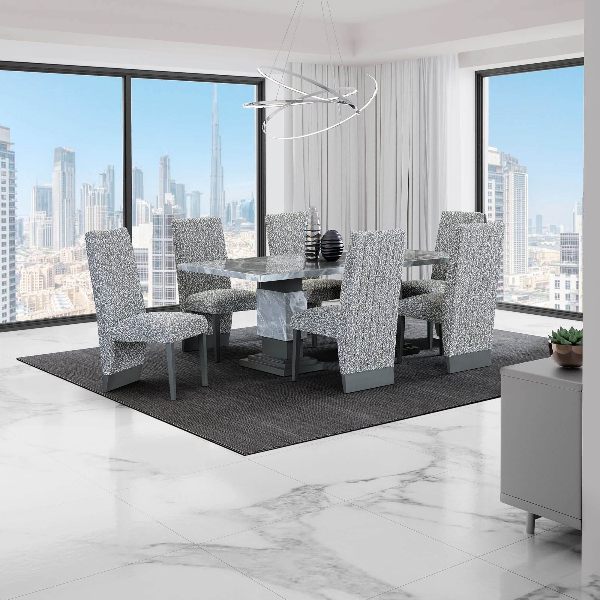 Michelle - Dining Table With Double Pedestal Marble Detailing - Gray - Image 3