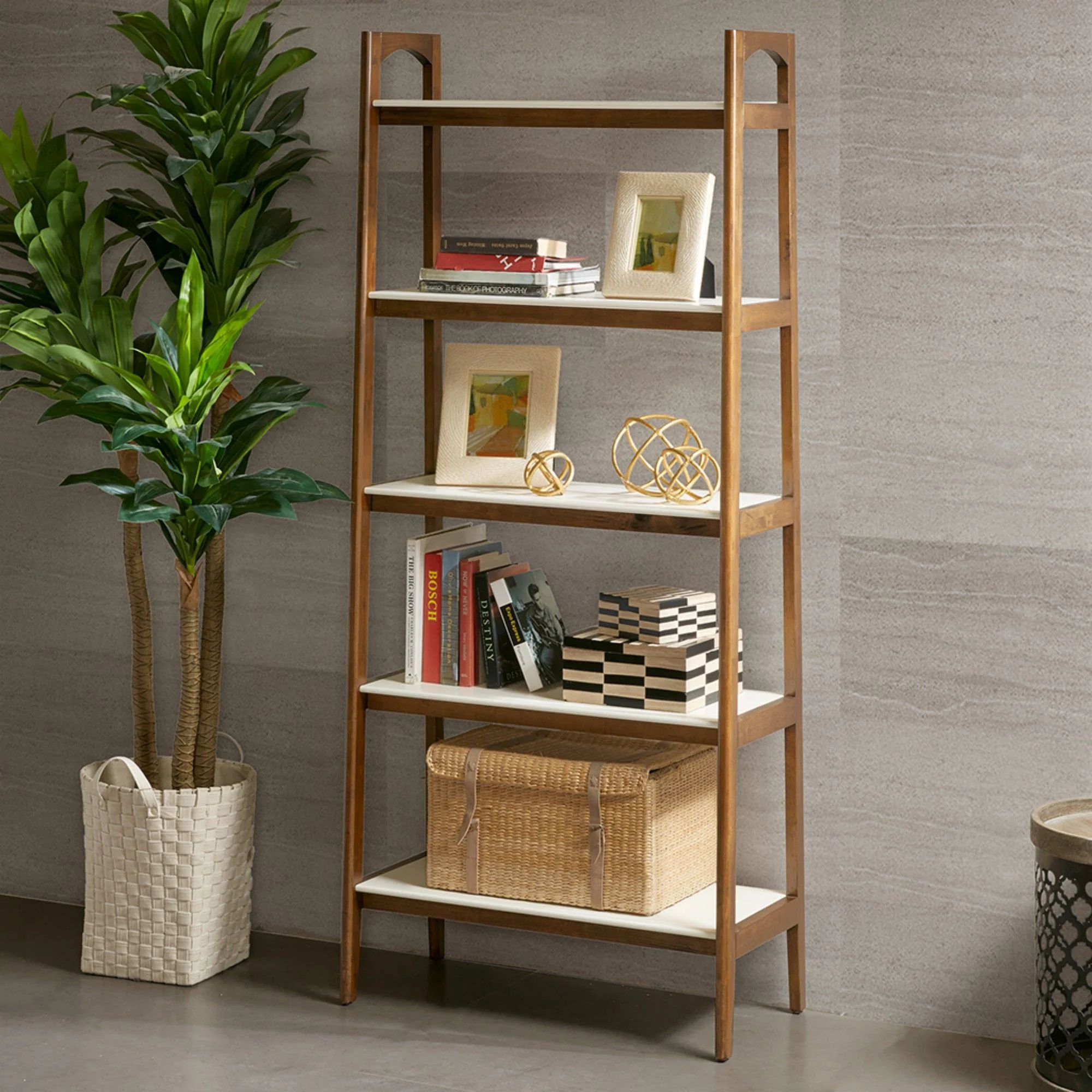 Mid - Century Design 5 Shelf Bookcase - Off White / Pecan - Image 2
