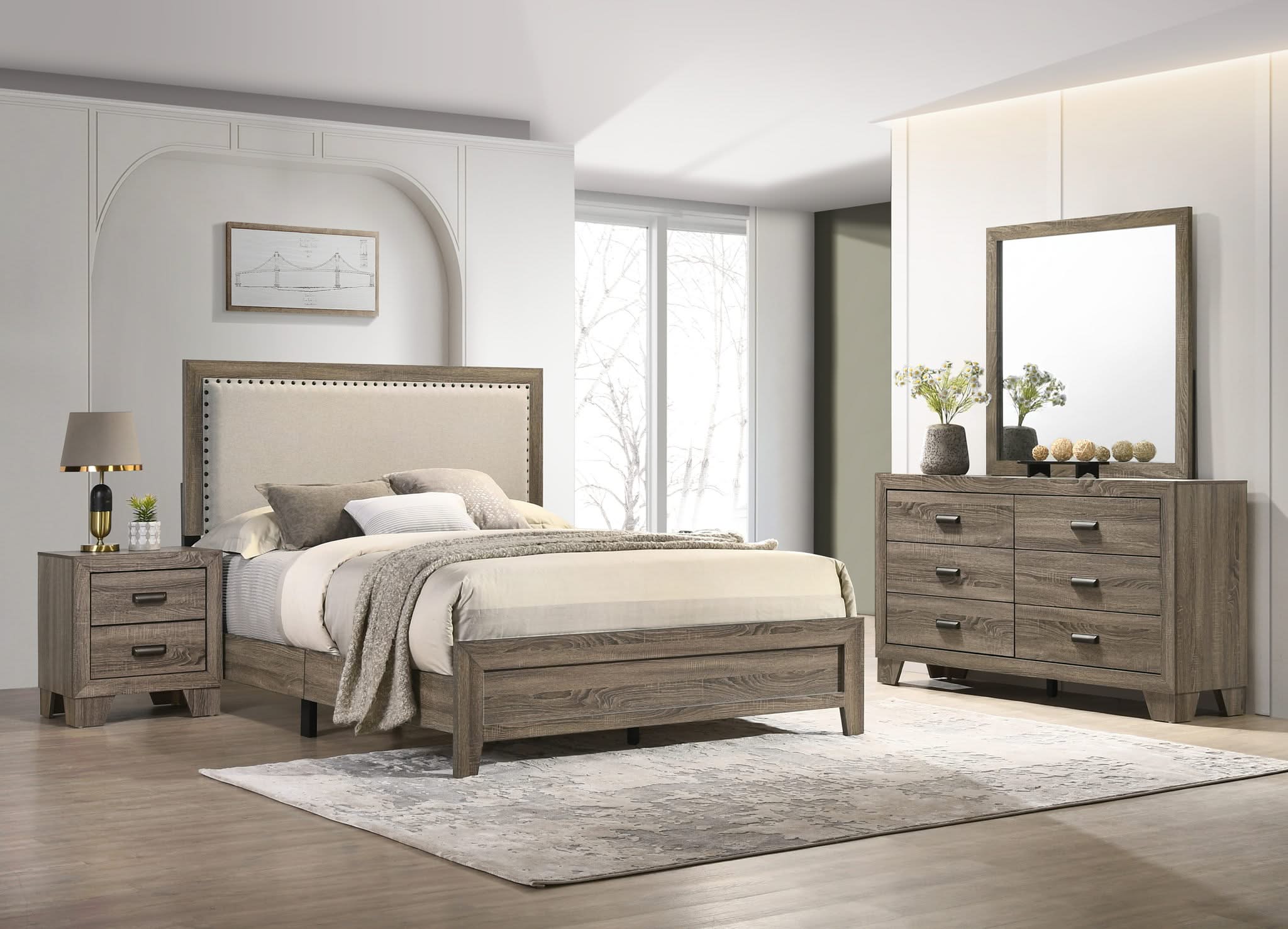 Millie - Full 4 Piece Upholstered Bedroom Set - Warm Gray