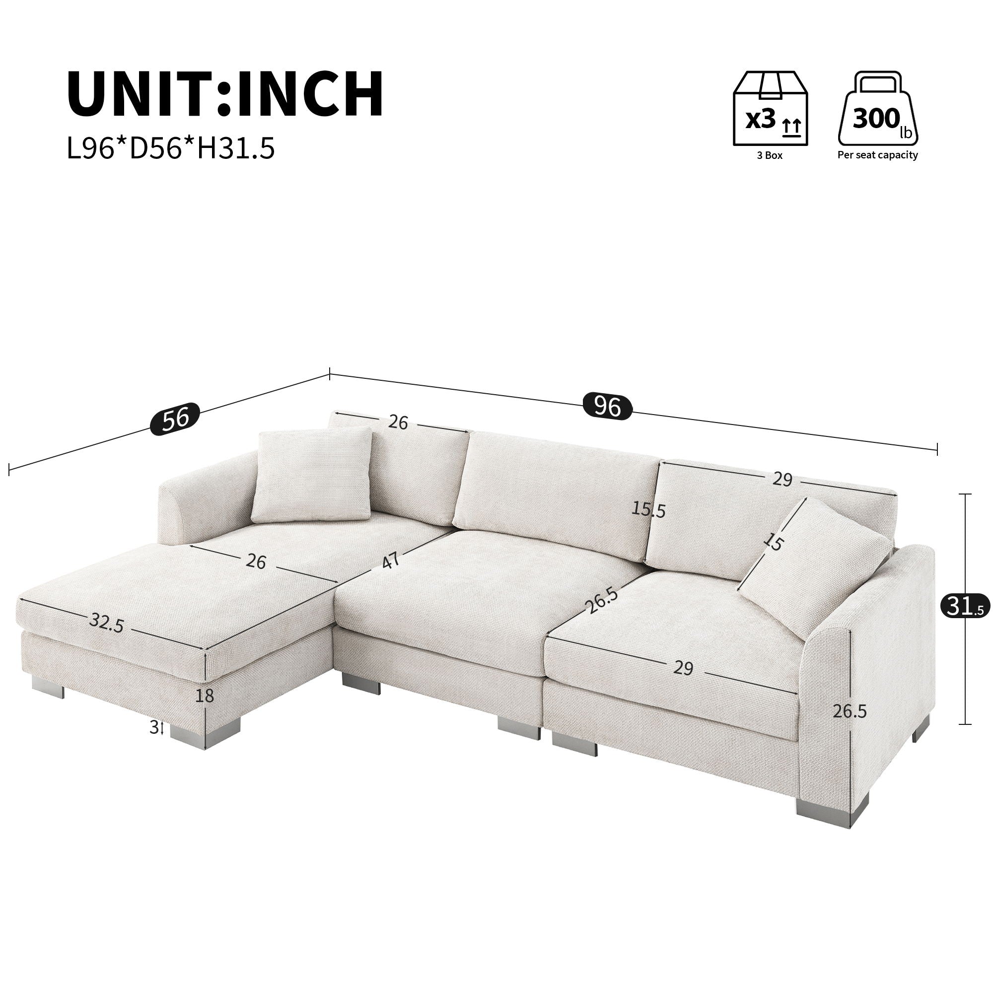 Modern Cloud Sectional Sofa L Shaped Luxury Couch Set With 2 Free Pillows 4 Seat With Oversized Chaise - Image 6