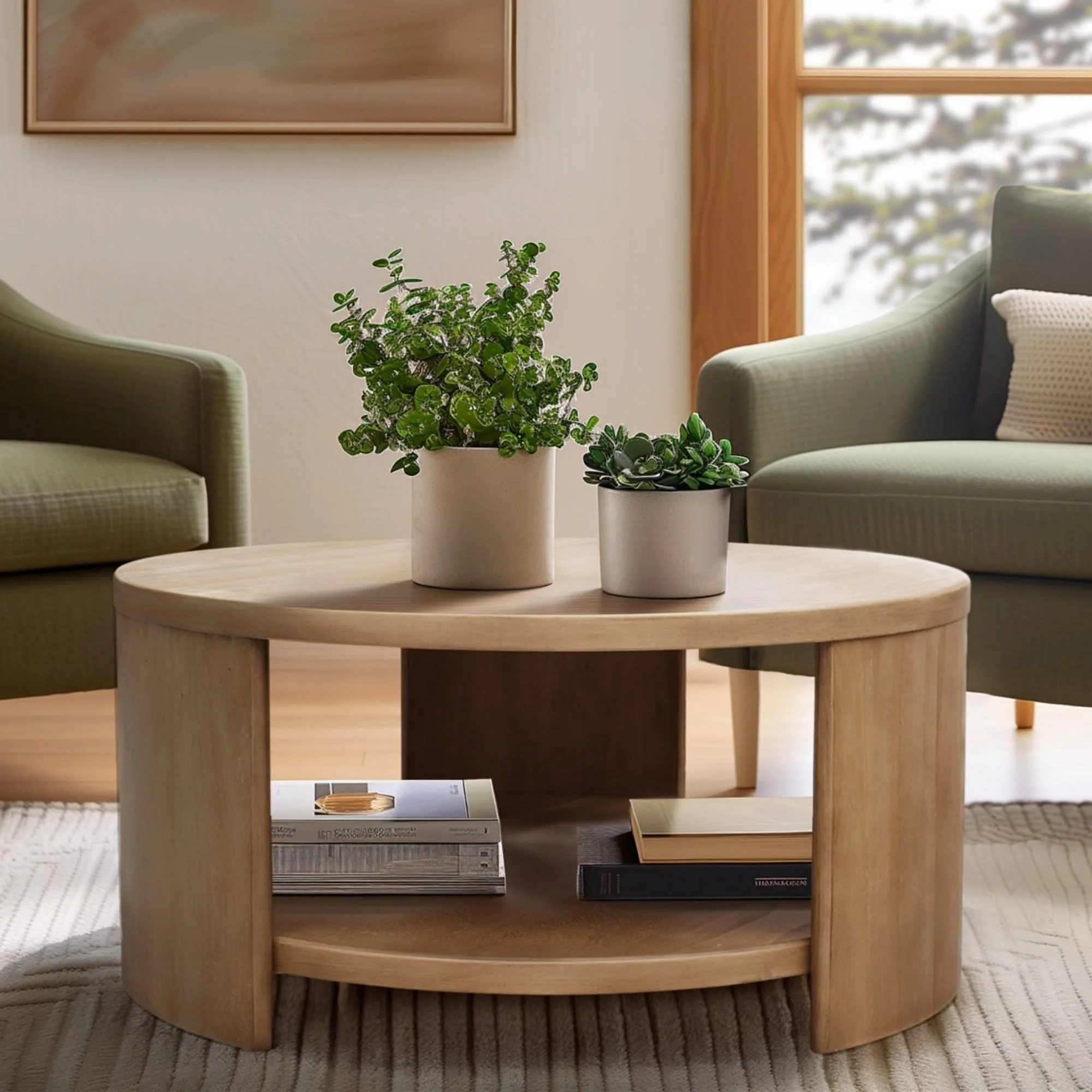 Minimalist Round Coffee Table With Shelf Storage - Natural - Image 2