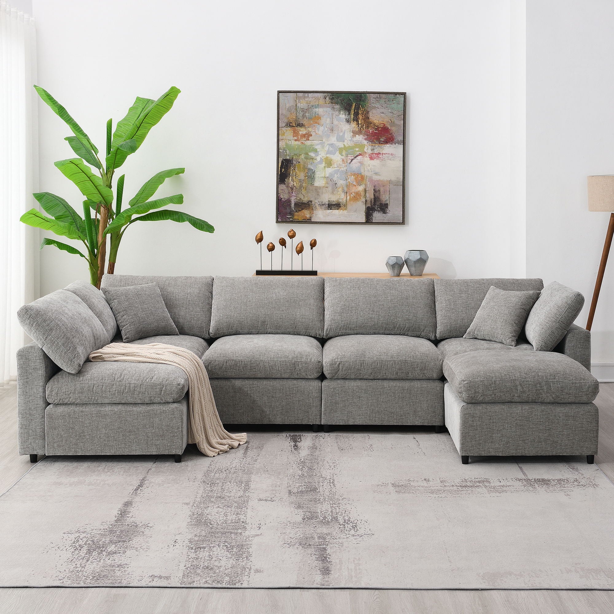 Modern Modular Cloud Sofa Bed, 6 Seat Sectional Couch Set With Ottoman, Free Combination, Convertible U Shaped Sleeper Sofa For Living Room - Image 3