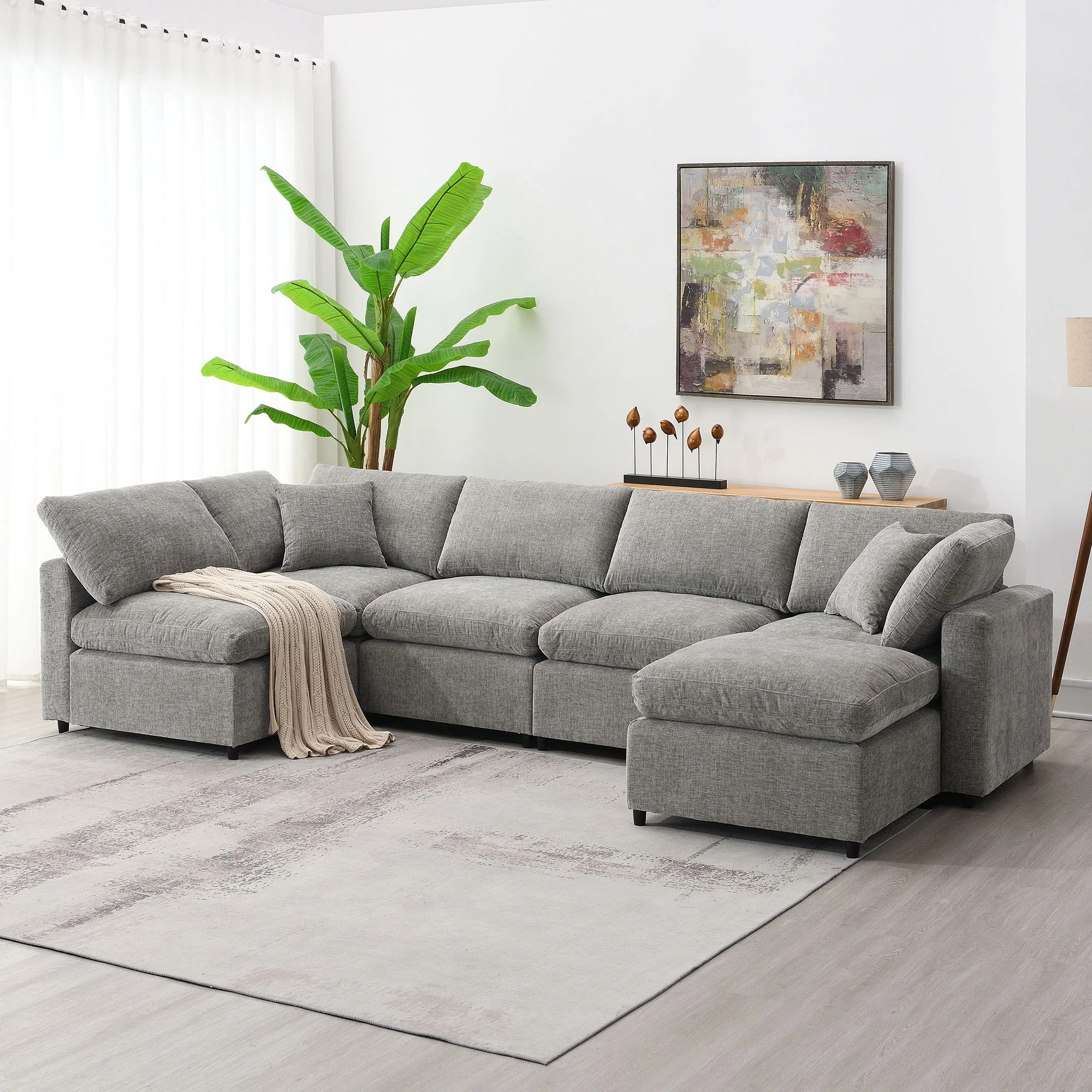 Modern Modular Cloud Sofa Bed, 6 Seat Sectional Couch Set With Ottoman, Free Combination, Convertible U Shaped Sleeper Sofa For Living Room - Image 4