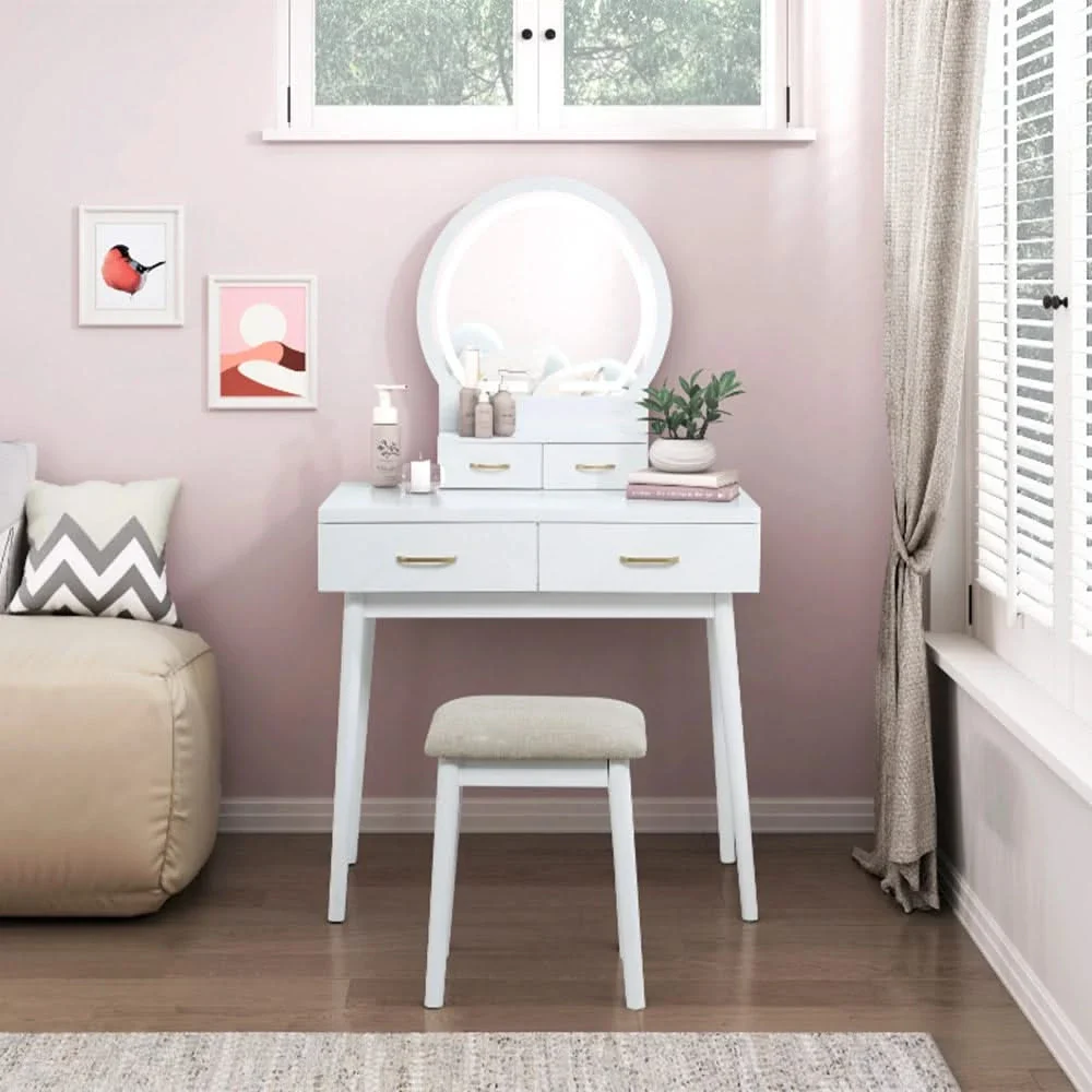 Modern Vanity Table with LED Mirror & Padded Stool – White or Gray
