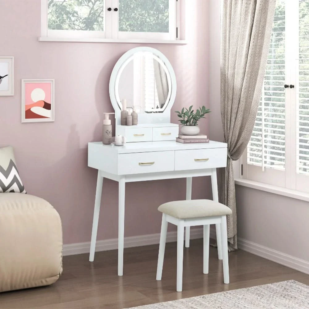 Modern Vanity Table with LED Mirror & Padded Stool – White or Gray - Image 2