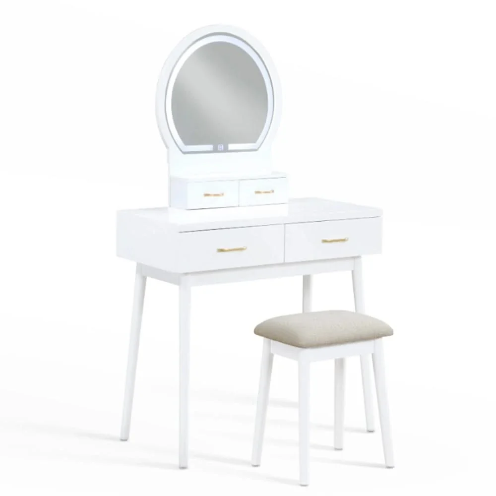 Modern Vanity Table with LED Mirror & Padded Stool – White or Gray - Image 3