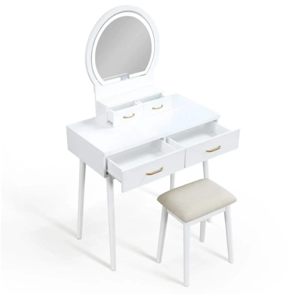 Modern Vanity Table with LED Mirror & Padded Stool – White or Gray - Image 5