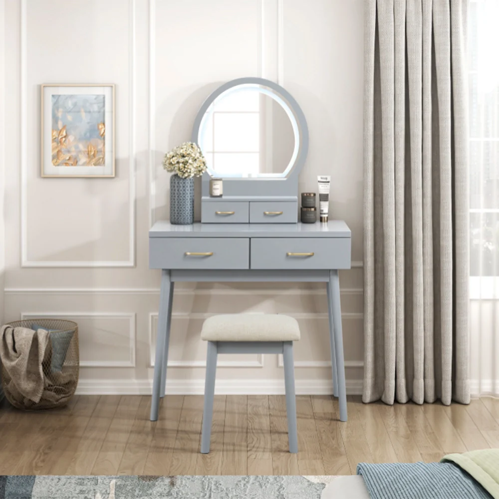 Modern Vanity Table with LED Mirror & Padded Stool – White or Gray - Image 7