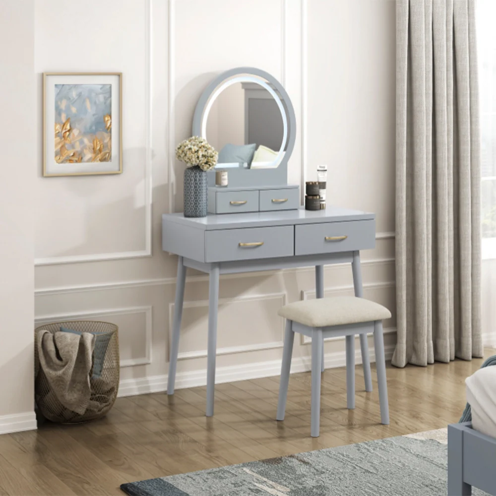 Modern Vanity Table with LED Mirror & Padded Stool – White or Gray - Image 8