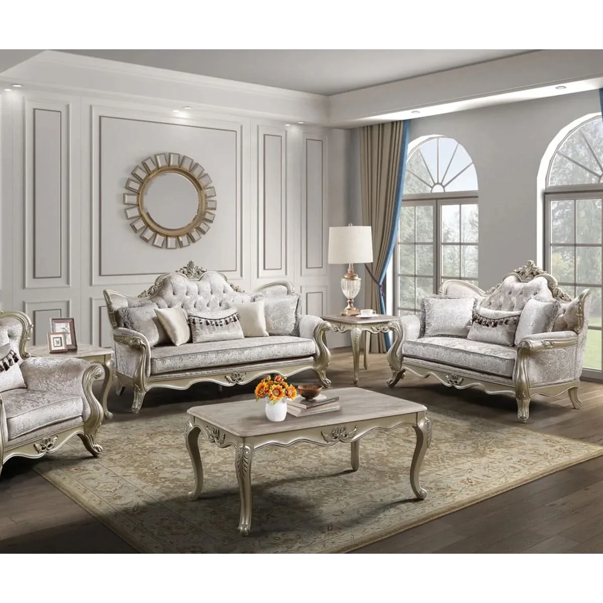 Monique Pearl Silver Victorian Loveseat with Ornate Carved Frame - Image 6