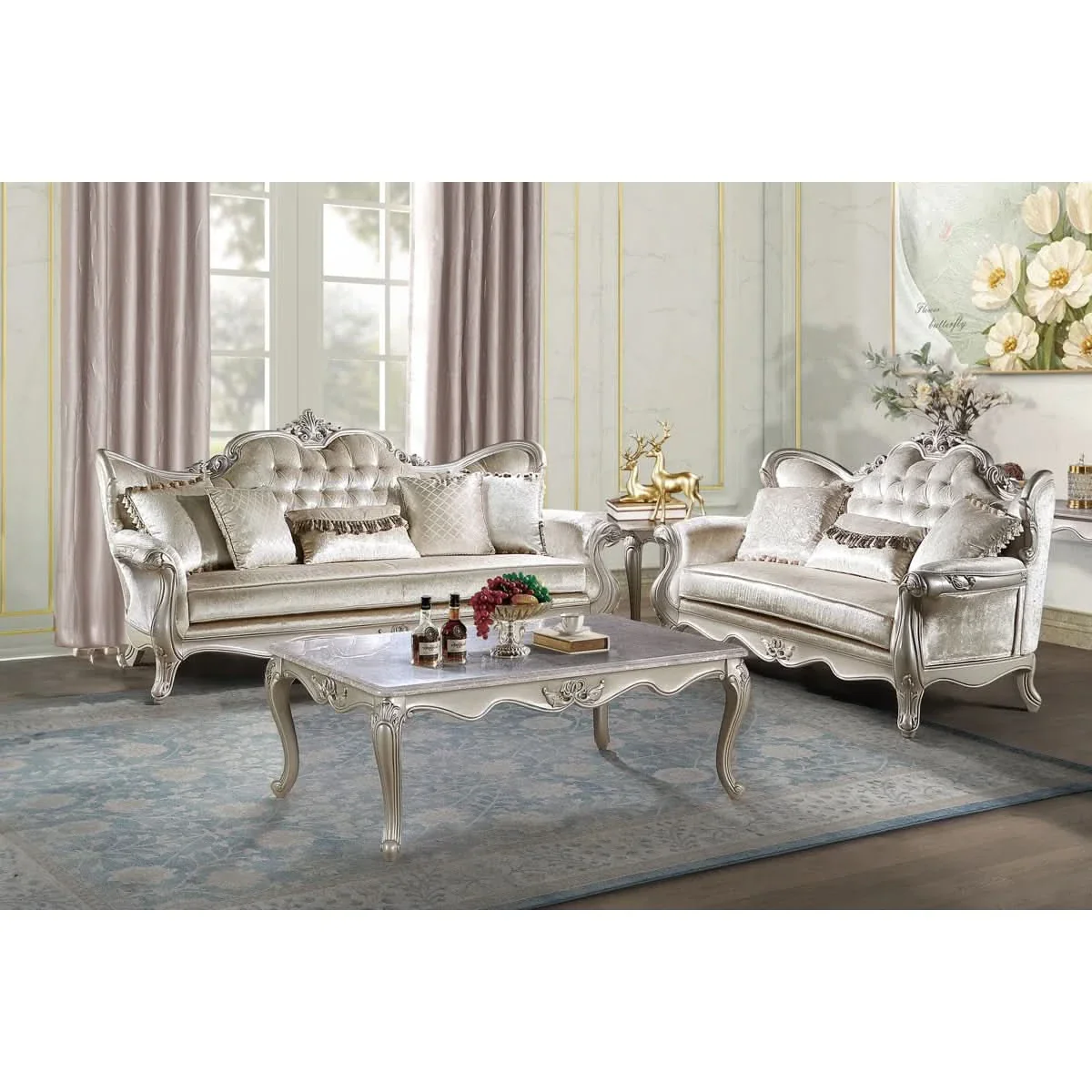 Monique Pearl Silver Victorian Sofa & Loveseat Living Room Set with Ornate Carved Accents - Image 2