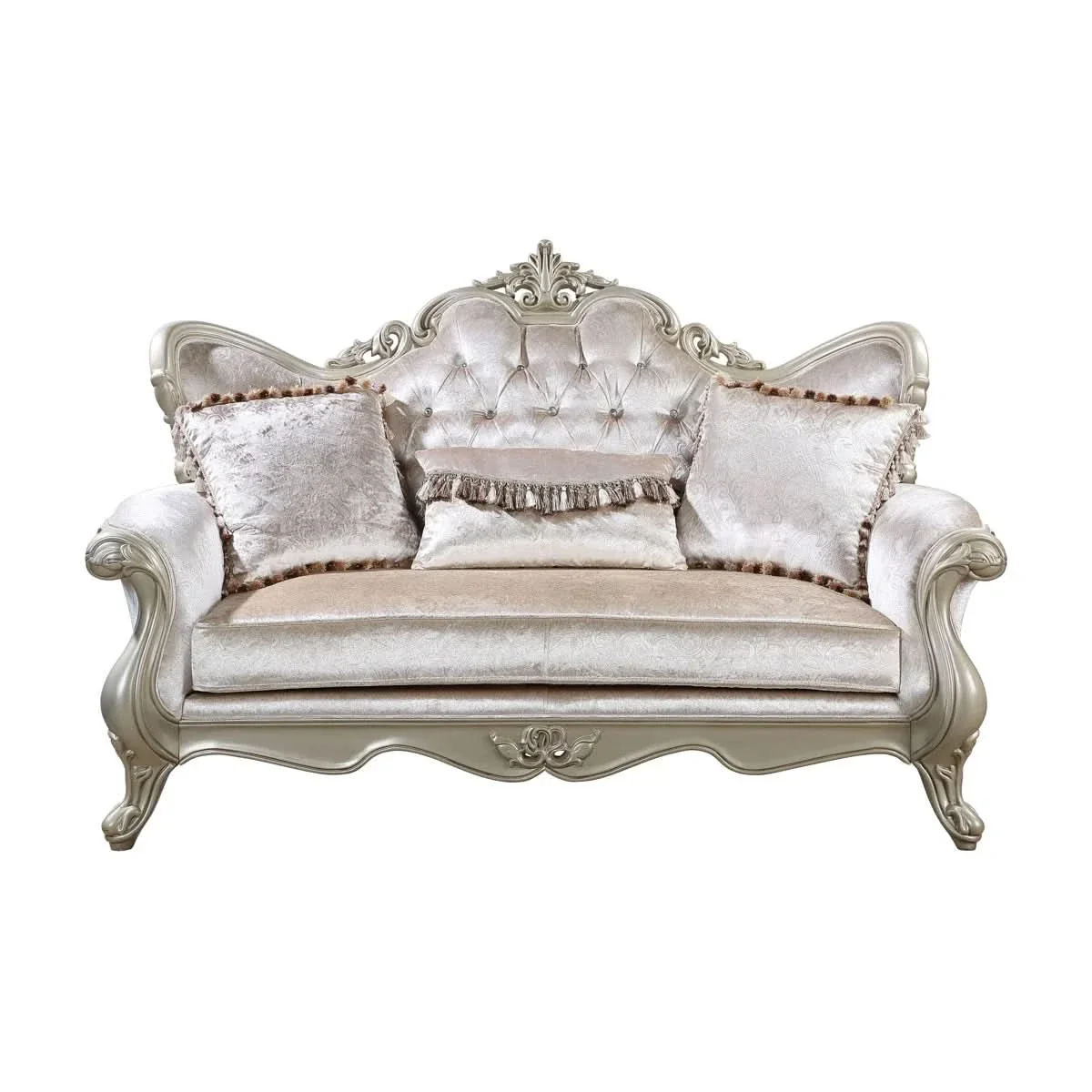 Monique Pearl Silver Victorian Sofa & Loveseat Living Room Set with Ornate Carved Accents - Image 5