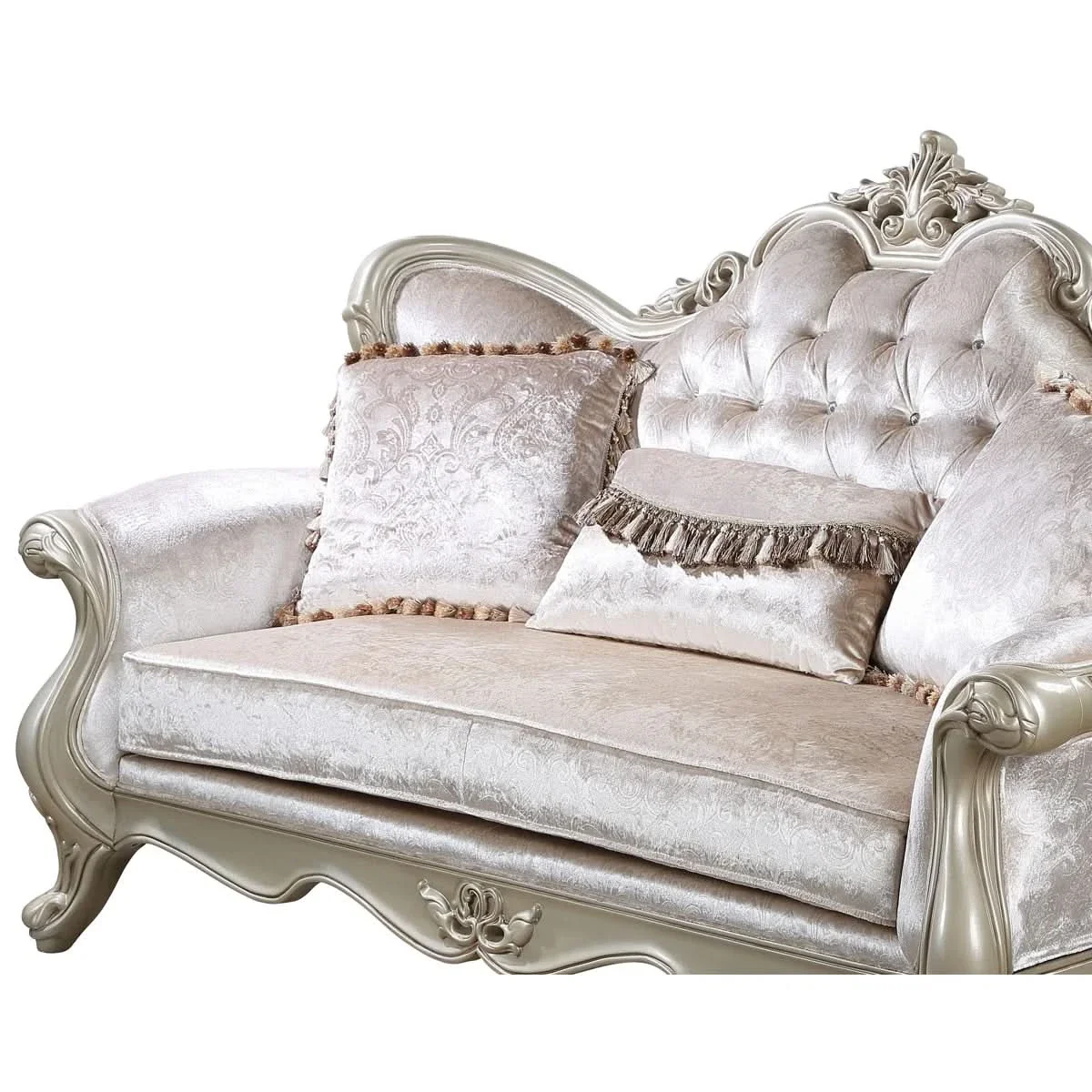 Monique Pearl Silver Victorian Sofa & Loveseat Living Room Set with Ornate Carved Accents - Image 9
