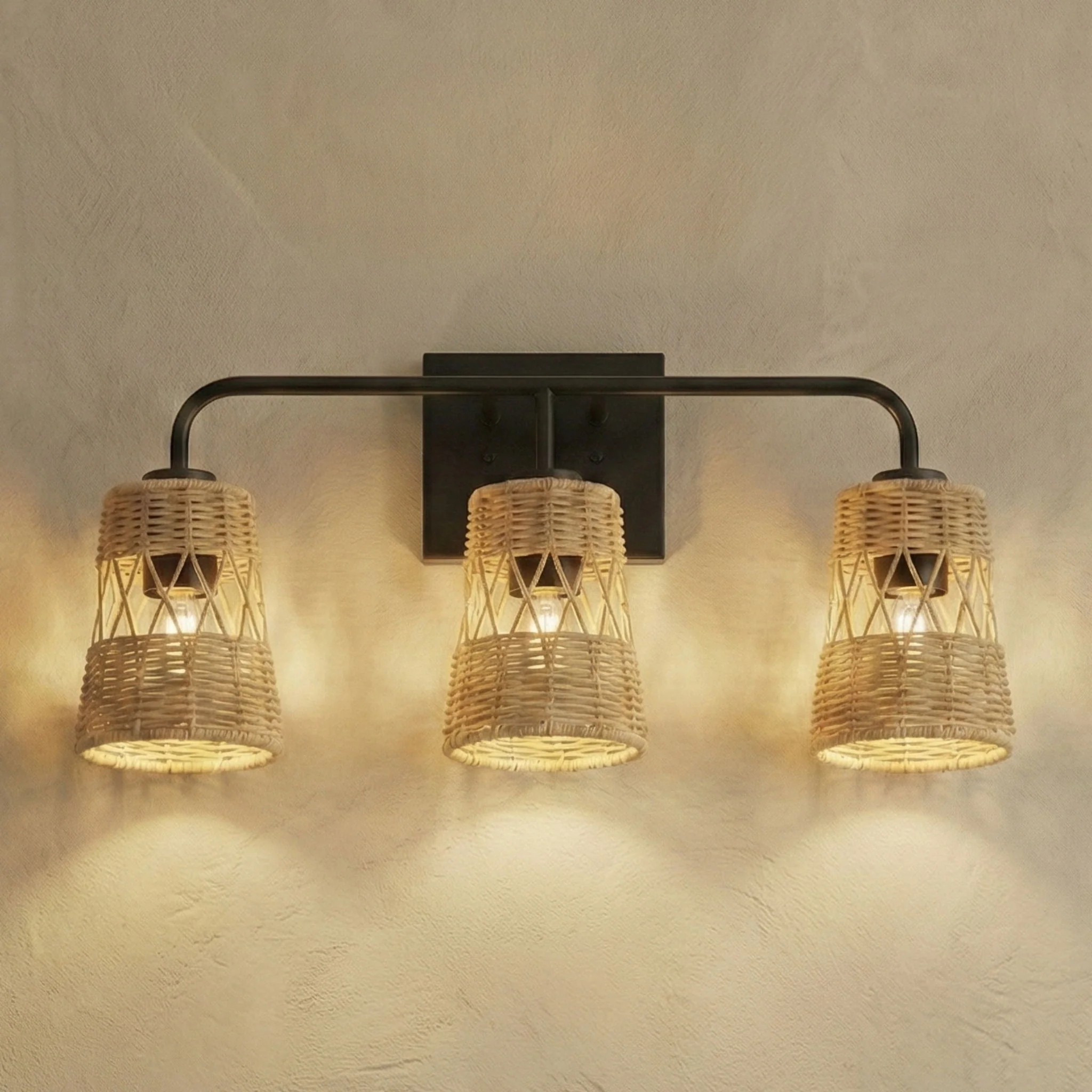 Moonlit - 3 Lights Wall Sconce With Shade, Bathroom Lighting Fixtures Over Mirror - Black / Rattan - Image 2