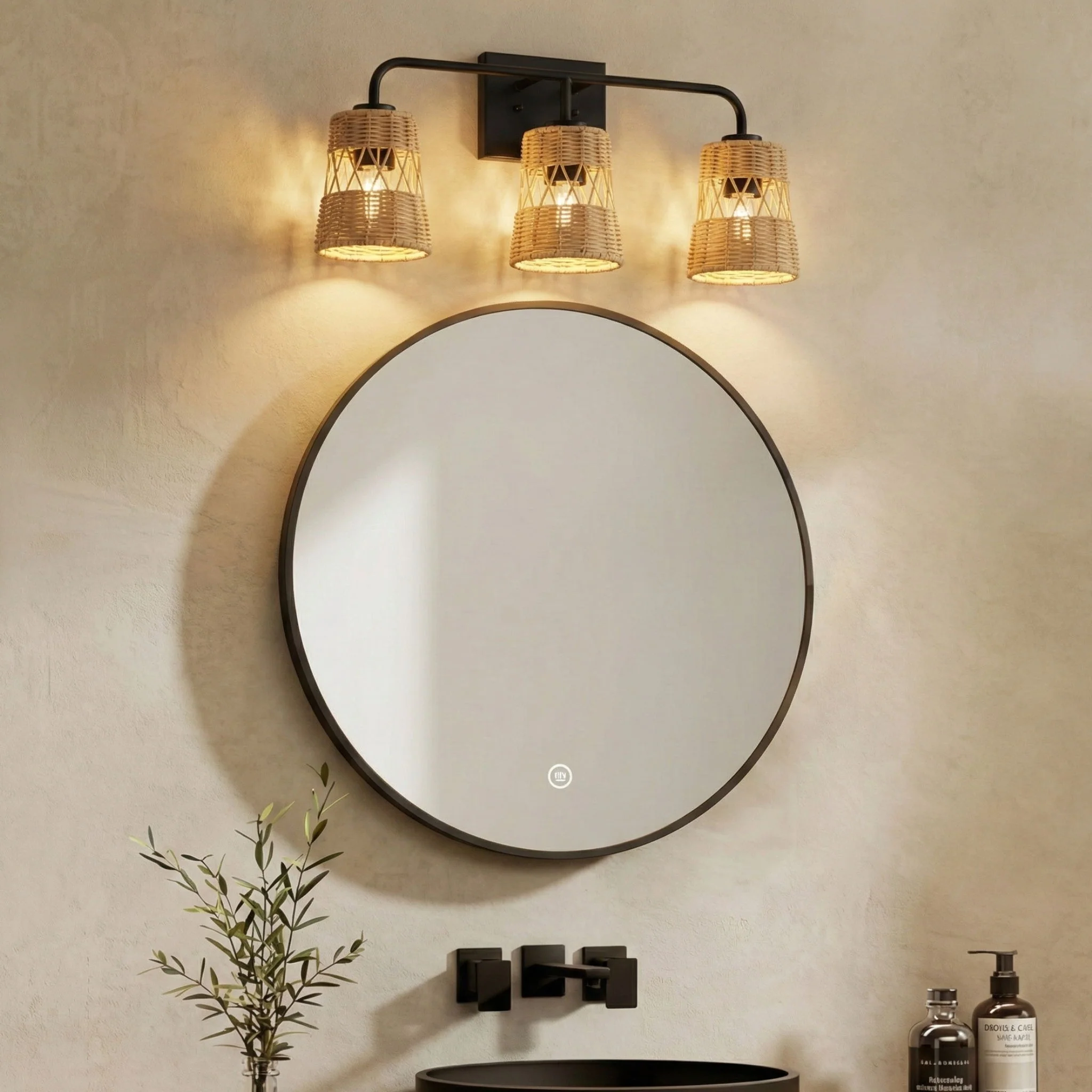 Moonlit - 3 Lights Wall Sconce With Shade, Bathroom Lighting Fixtures Over Mirror - Black / Rattan - Image 3