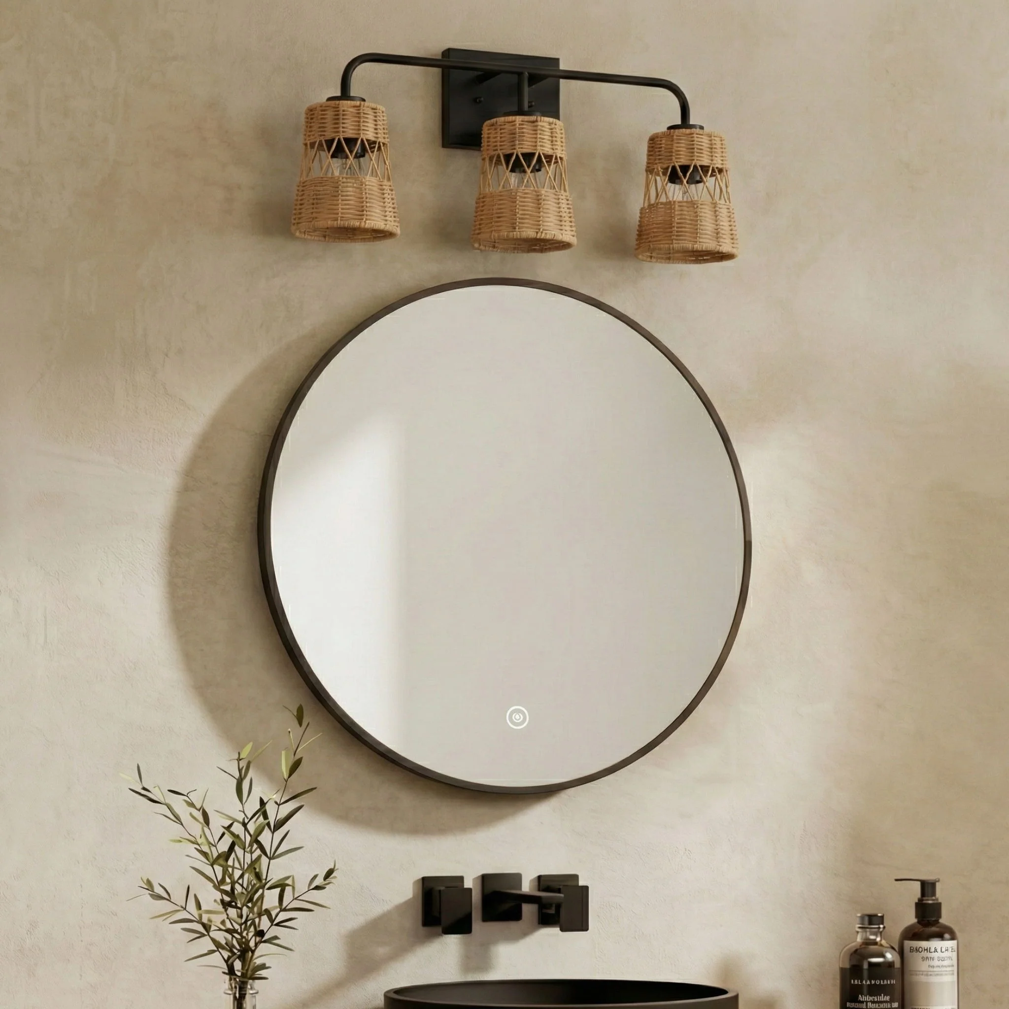 Moonlit - 3 Lights Wall Sconce With Shade, Bathroom Lighting Fixtures Over Mirror - Black / Rattan - Image 4