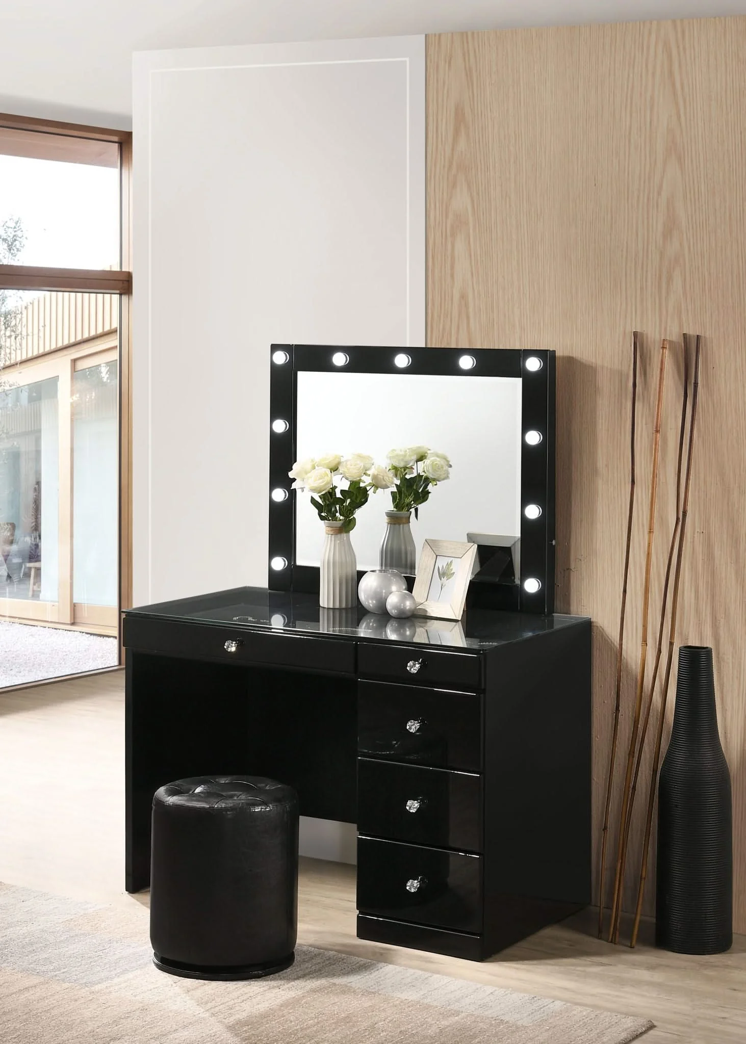Morgan - Vanity Desk With Glass Top And LED Mirror - Black - Image 4