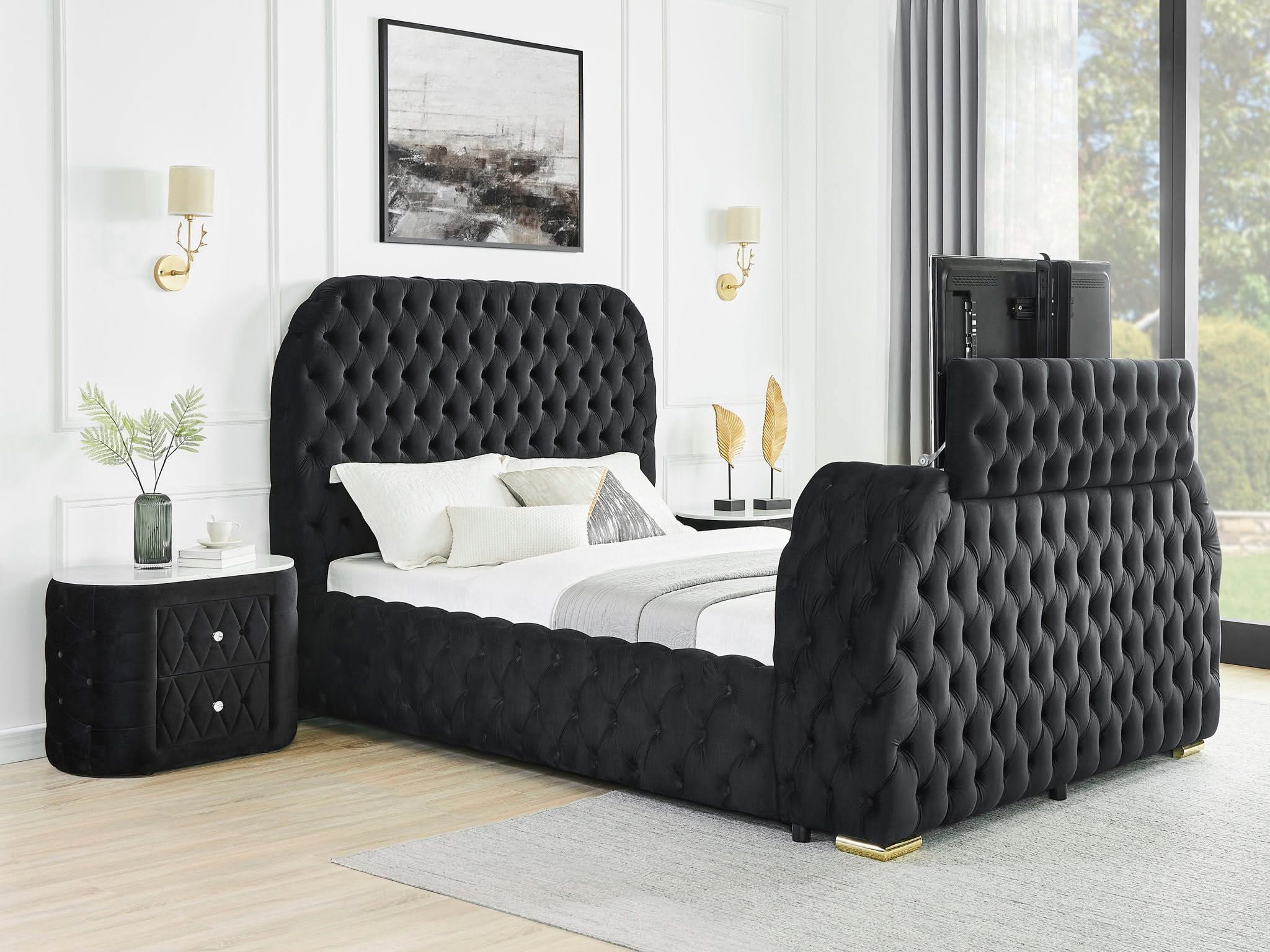 Natalia - Queen Upholstered Bed With Decking Board Set - Black - Image 2